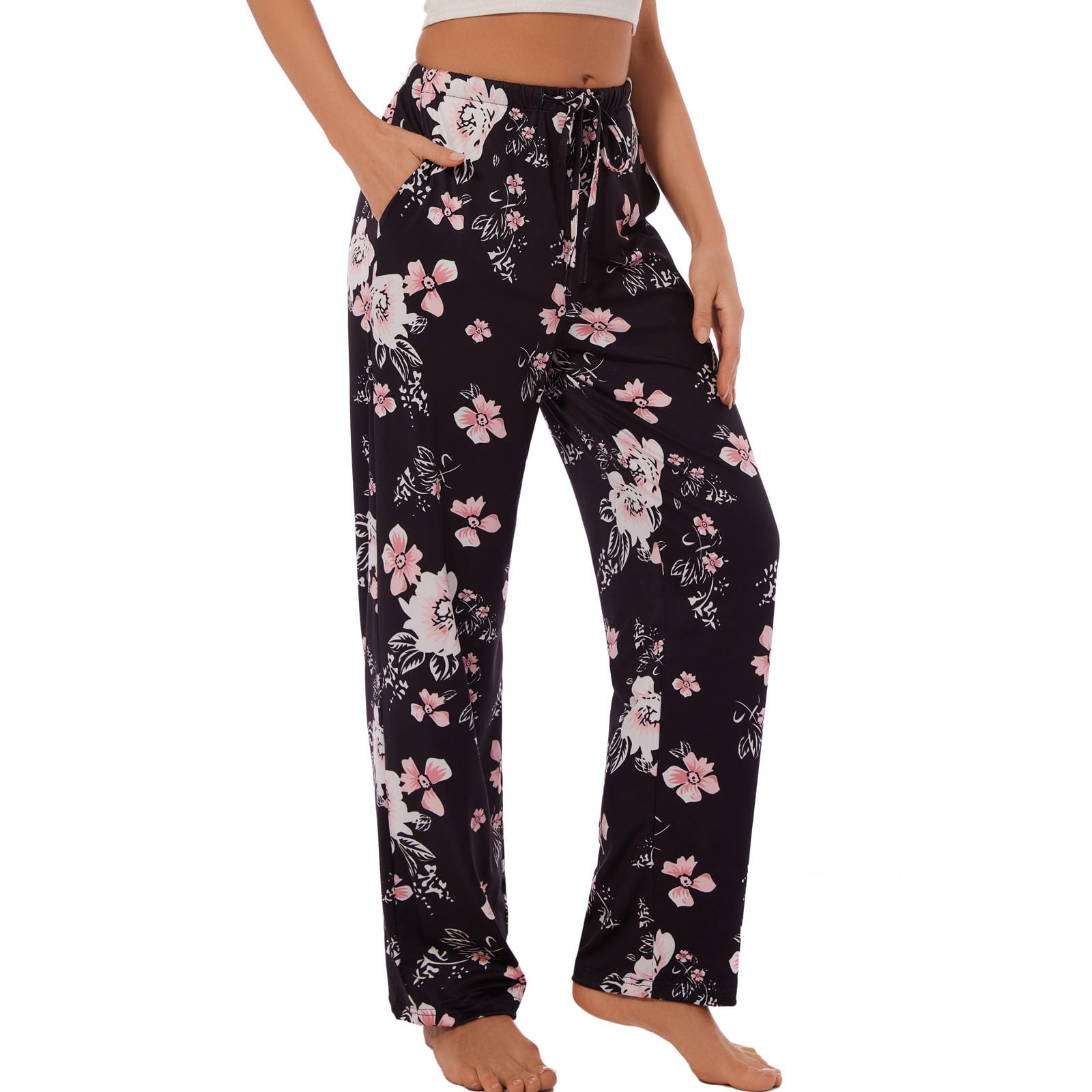 iniber Comfy Pajama Pants for Women Stretch Drawstring Lounge Pants with Pockets Casual Wide Leg Pjs Bottoms