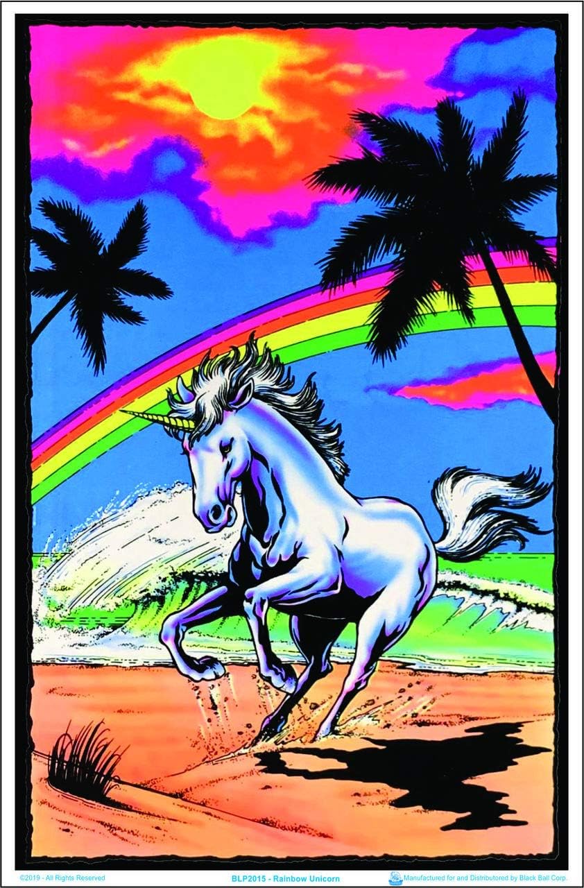 Galloping Unicorn with Rainbow - Flocked Blacklight Poster - 23" x 35"