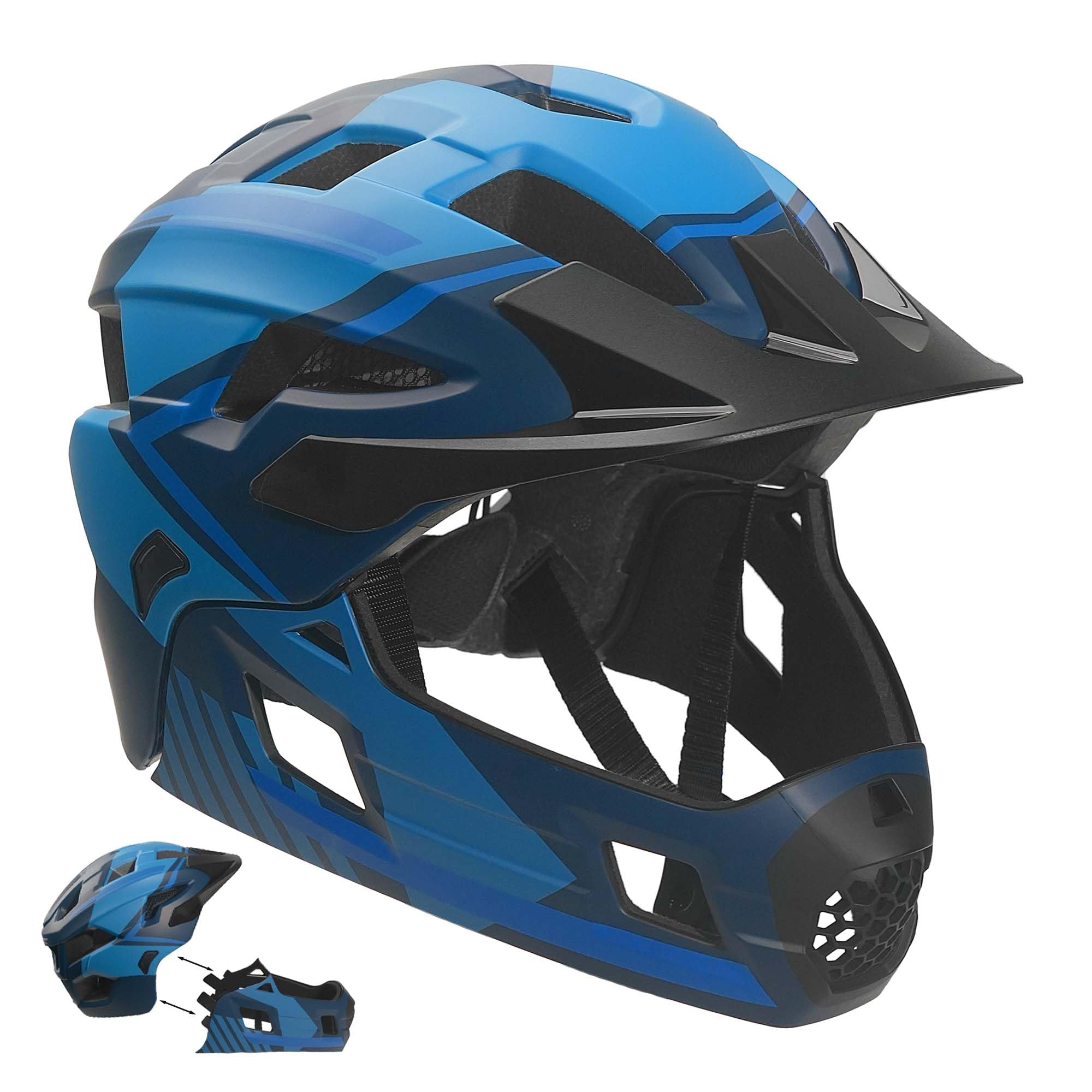 Crazy Safety Casque Vélo Intégral - Bleu | pour VTT, BMX, Skateboard | Casque Enfant avec mentonnière Amovible | Casque intégral et Standard | Casque de Motocross Taille M 54-57 cm