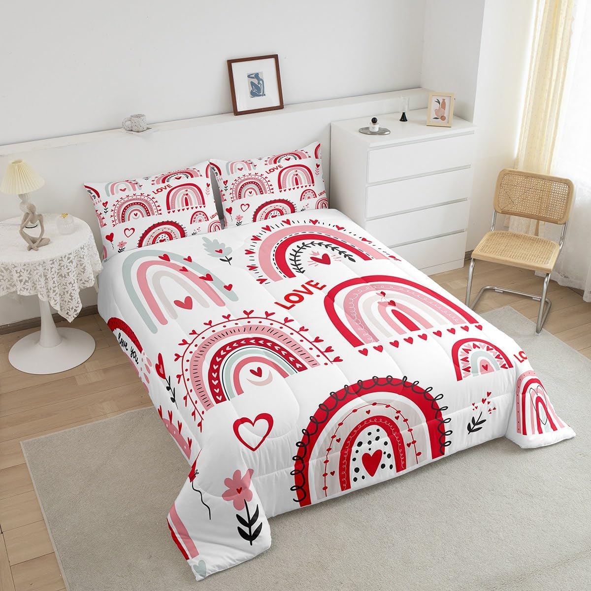 Floral Rainbow Comforter Queen Boho Love Heart Rainbow Bedding Set For Girls Teen Women,Boho Valentine'S Day Couple Bedding Comforter Set Bohemian Romantic Quilt Set Gifts For Girlfriend Wife 3 Pcs