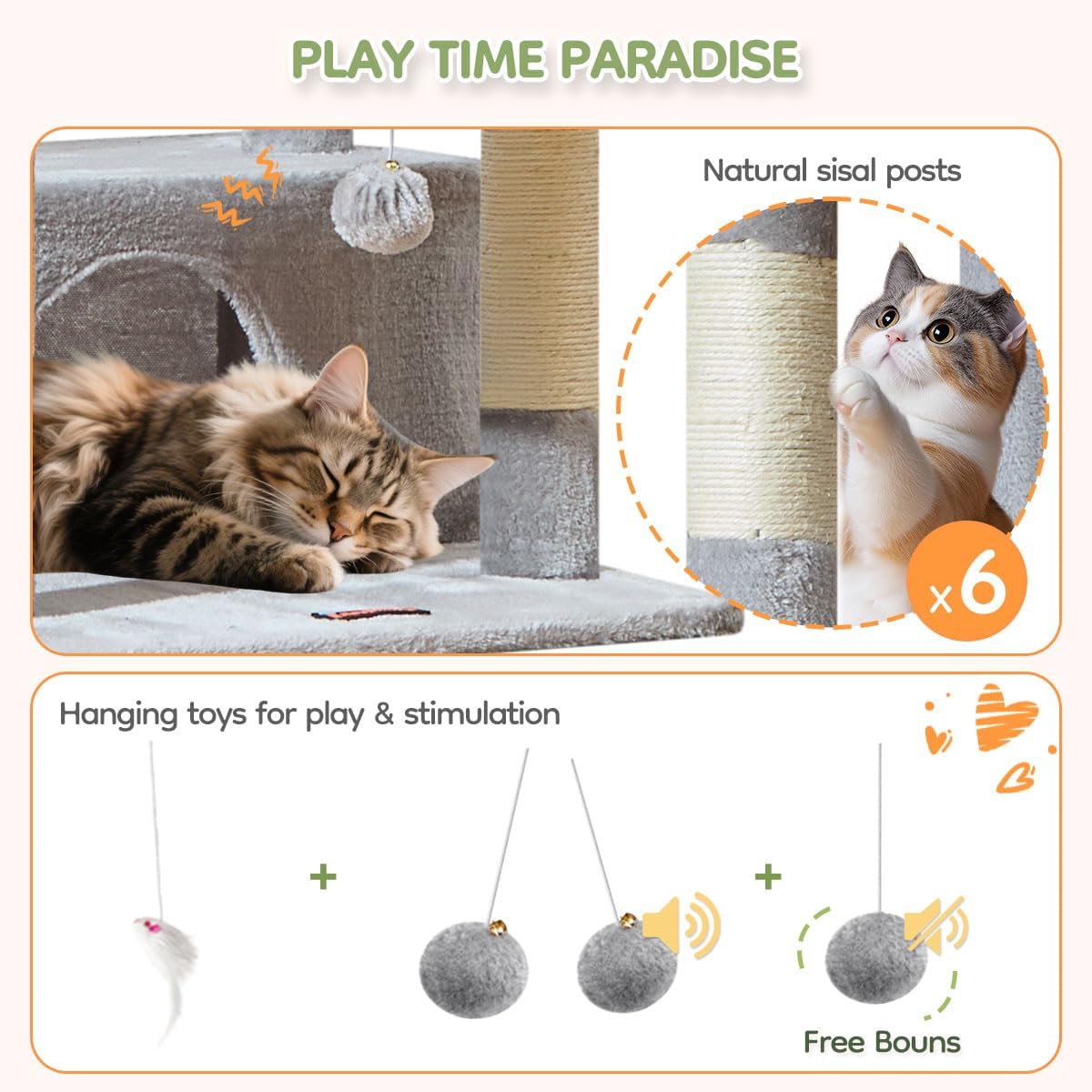 Taoqimiao 79 Inches XXL Cat Tree for Large Cats, for Oversized Cats, Multi-Level Cat Tower, 2 Spacious Cat Condo with 6 Scratching Posts, Hammcock & Cozy Basket, Cat Toys, Light Gray, S10W