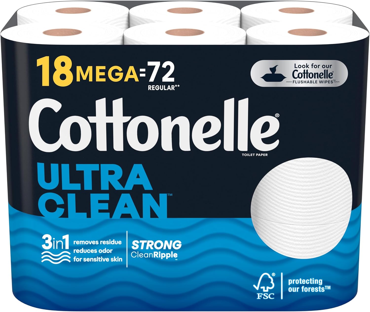 Cottonelle Ultra Clean Toilet Paper, Strong Toilet Tissue, 18 Mega Rolls (18 Mega Rolls = 72 Regular Rolls), 312 Sheets per Roll, Packaging May Vary