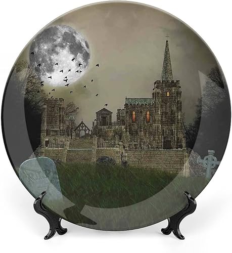 Miniatura 8 de Plato decorativo de 10 pulgadas, plato de cerámica gótica, vista de luna en impresión oscura aterradora, placa de exhibición para cenas finas,