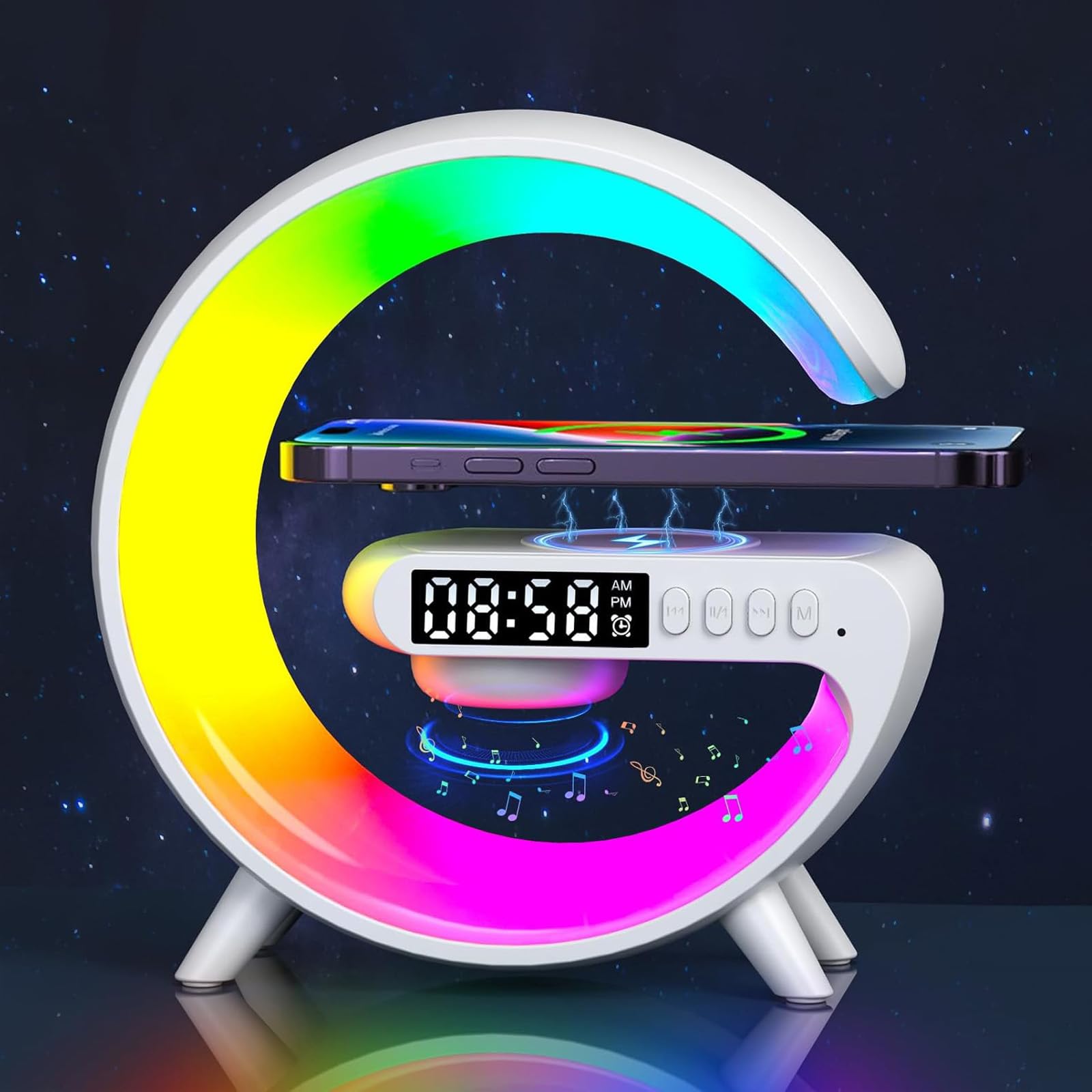 Nueva Lámpara Luz Nocturna con Cargador Inalámbrico, Altavoz Bluetooth Forma de G - Reloj Despertador Estado de ánimo a Través de Conexión USB-C, Lámpara de Mesa LED Regulable (Blanco)