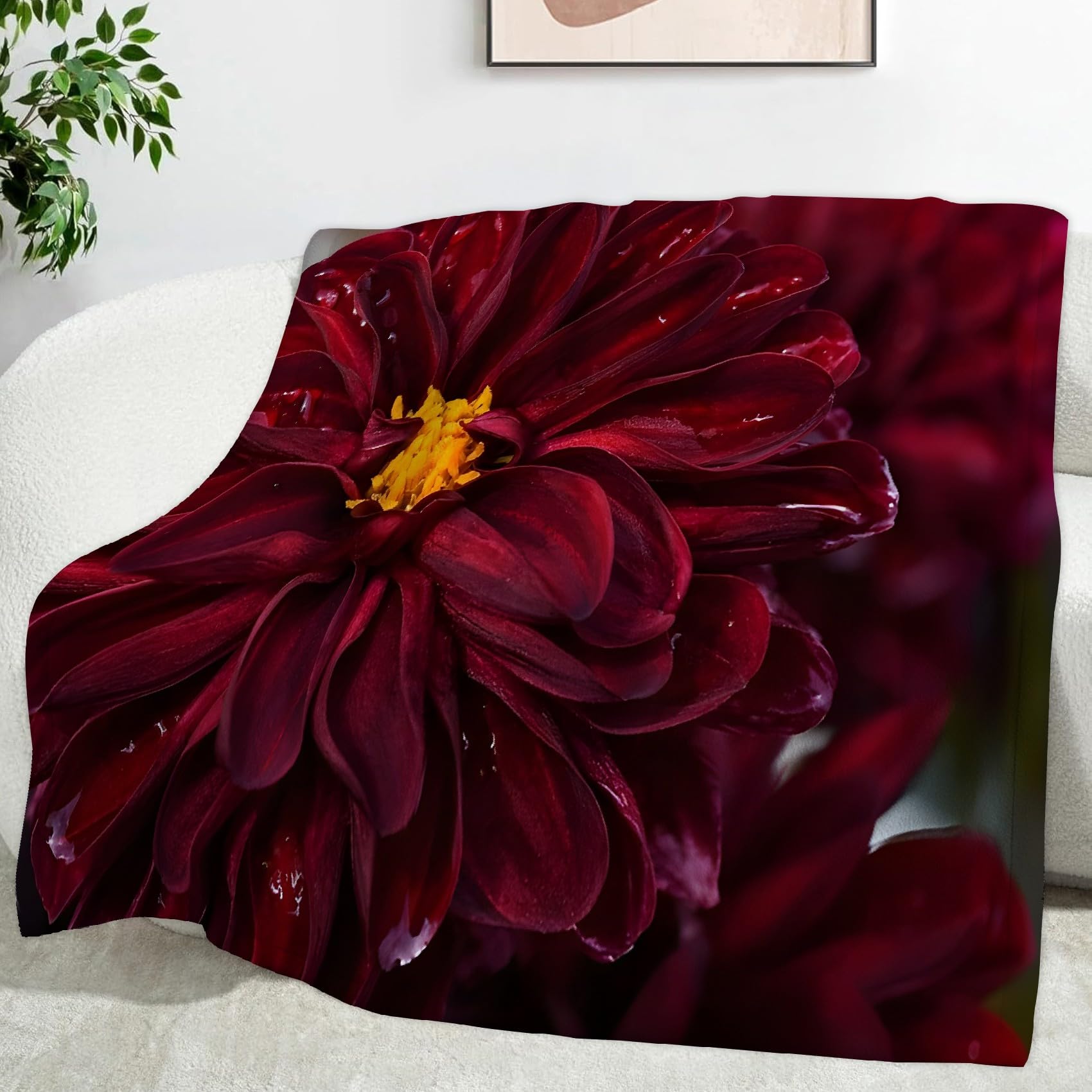 Ypthriline Wine-Red Dahlia Blanket, Realistic Flowers Microfiber Flannel Throw Blanket, Comfortable Soft Fluffy and Warm, Blankets for Beds, Sofas and Recliners, 220×240 CM