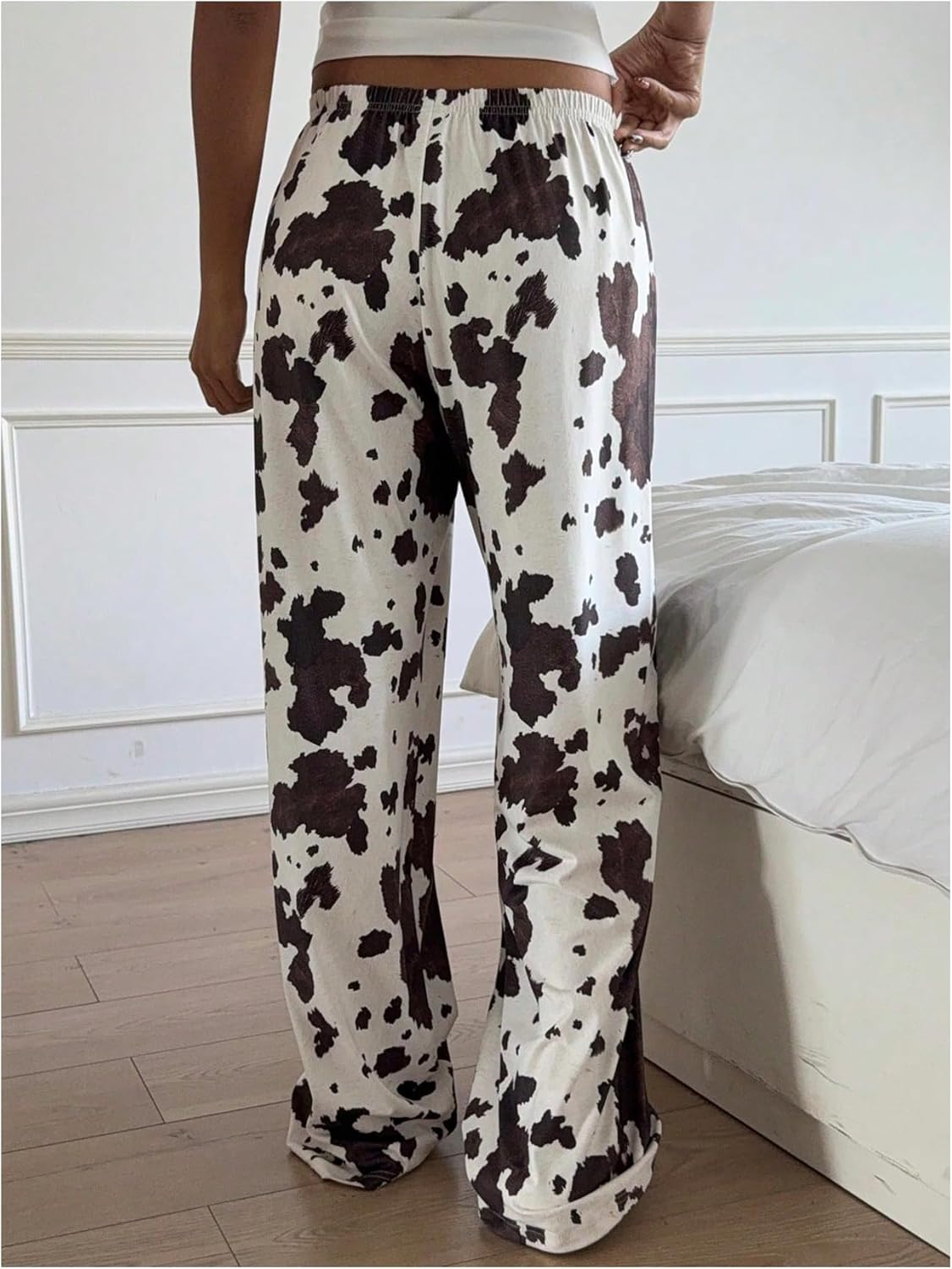 Women's High Waisted Wide Leg Pants Casual Cow Graphic Baggy Pajama Pants Trousers - Image 3