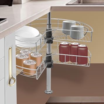 2 Tier Corner Lazy Susan Cabinet Organizer, 23.6'' Rotating Blind Corner Wire Kidney Shaped Cabinet Mounted, Double Shelf Swivel Kitchen Spice/Can Organizer, Silver