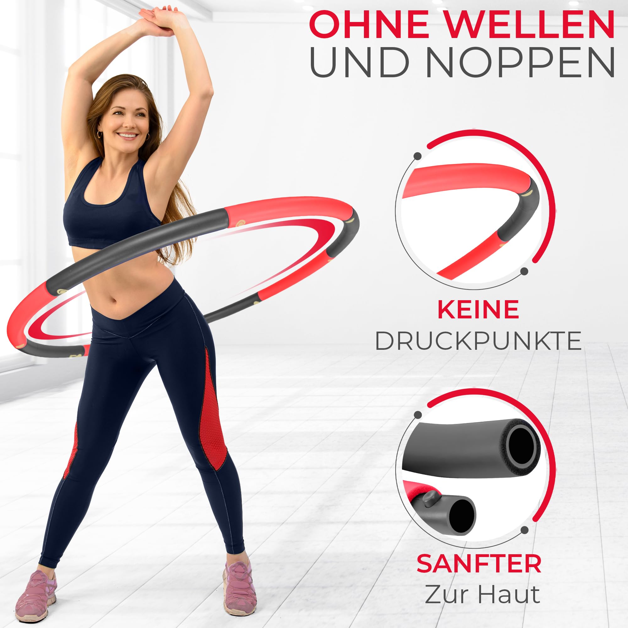 Hula hop dla początkujących, bez fal i wypustek, 1 kg do 1,5 kg, 75-100 cm, 6-8 segmentów, Hullahub Fitness Sport dla dorosłych do odchudzania