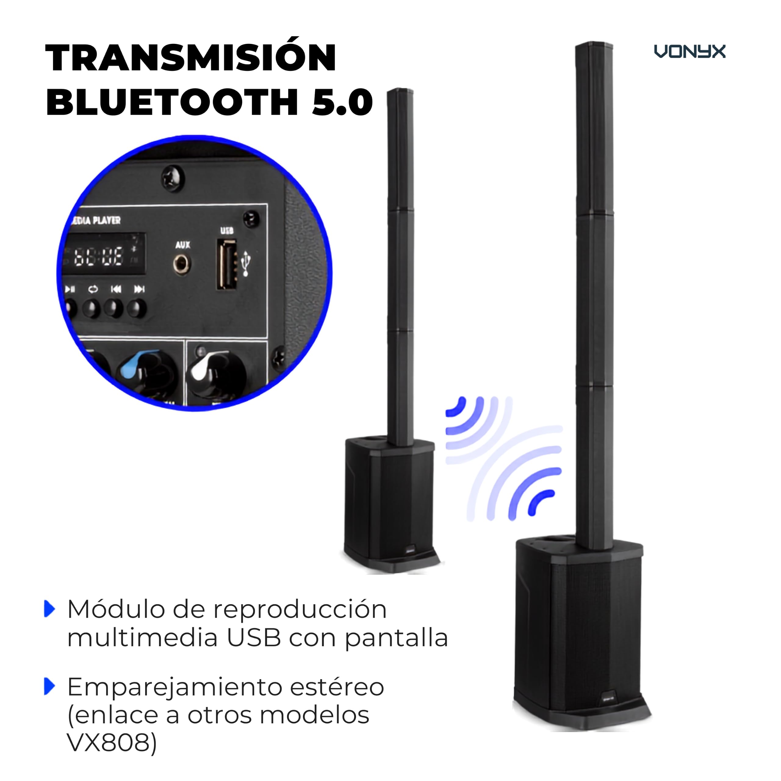 Vonyx VX808 – Sistema de Sonido Activo 320W con subwoofer de 8”, Bluetooth, USB, entradas XLR, emparejamiento inalámbrico, Altavoz Profesional para DJ, Eventos y presentaciones, Color Negro