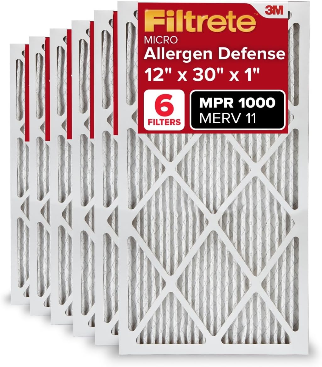Filtrete 12x30x1 AC Furnace Air Filter, MERV 11, MPR 1000, Micro Allergen Defense, 3-Month Pleated 1-Inch Electrostatic Air Cleaning Filter, 6 Pack (Actual Size 11.81x29.81x0.81 in)