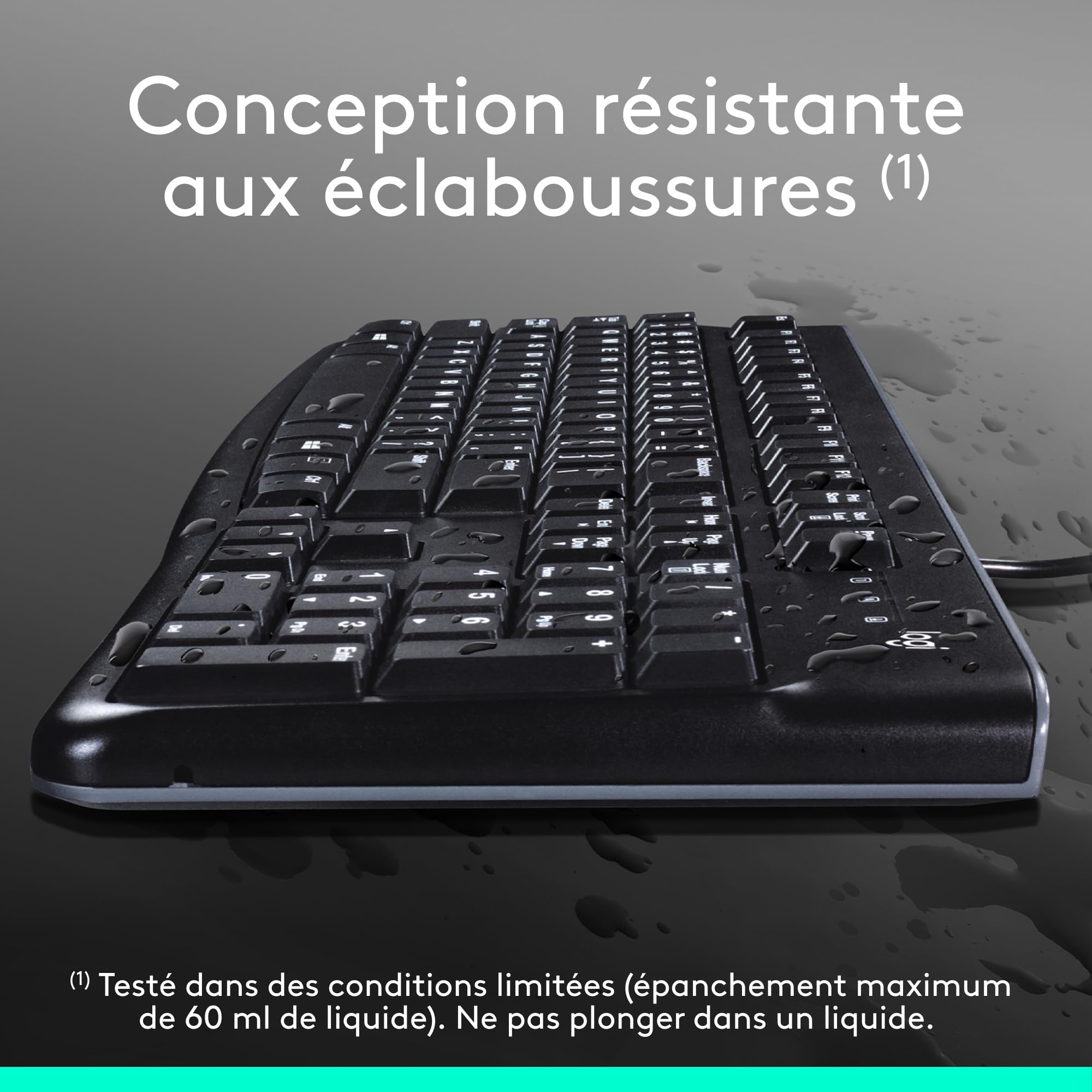 Logitech K120 Clavier Filaire pour Windows, USB Plug-and-Play, Taille Standard, Résistant Eclaboussures, Barre D'Espacement Incurvée, Compatible PC, Ordinateur Portable, Français AZERTY - Noir