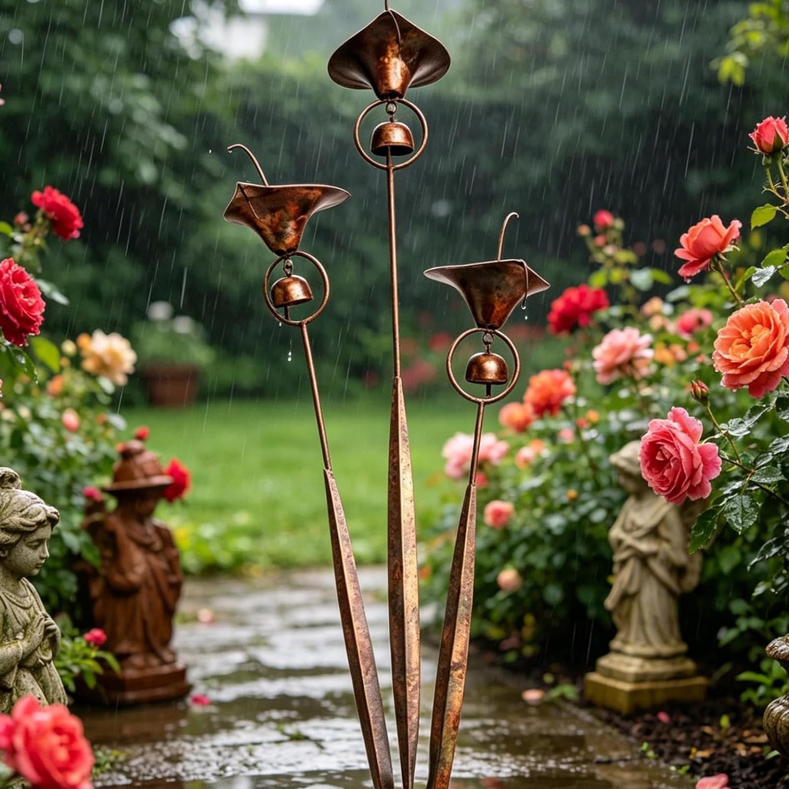 HTU Trzy kalie Lilie ogrodowe, 24-calowe metalowe kwiatowe ozdobne paliki ogrodowe z dzwoneczkami, ręcznie robione dekoracje zewnętrzne Stawki na zewnątrz Patio Yard Pathway Decor-2PCS