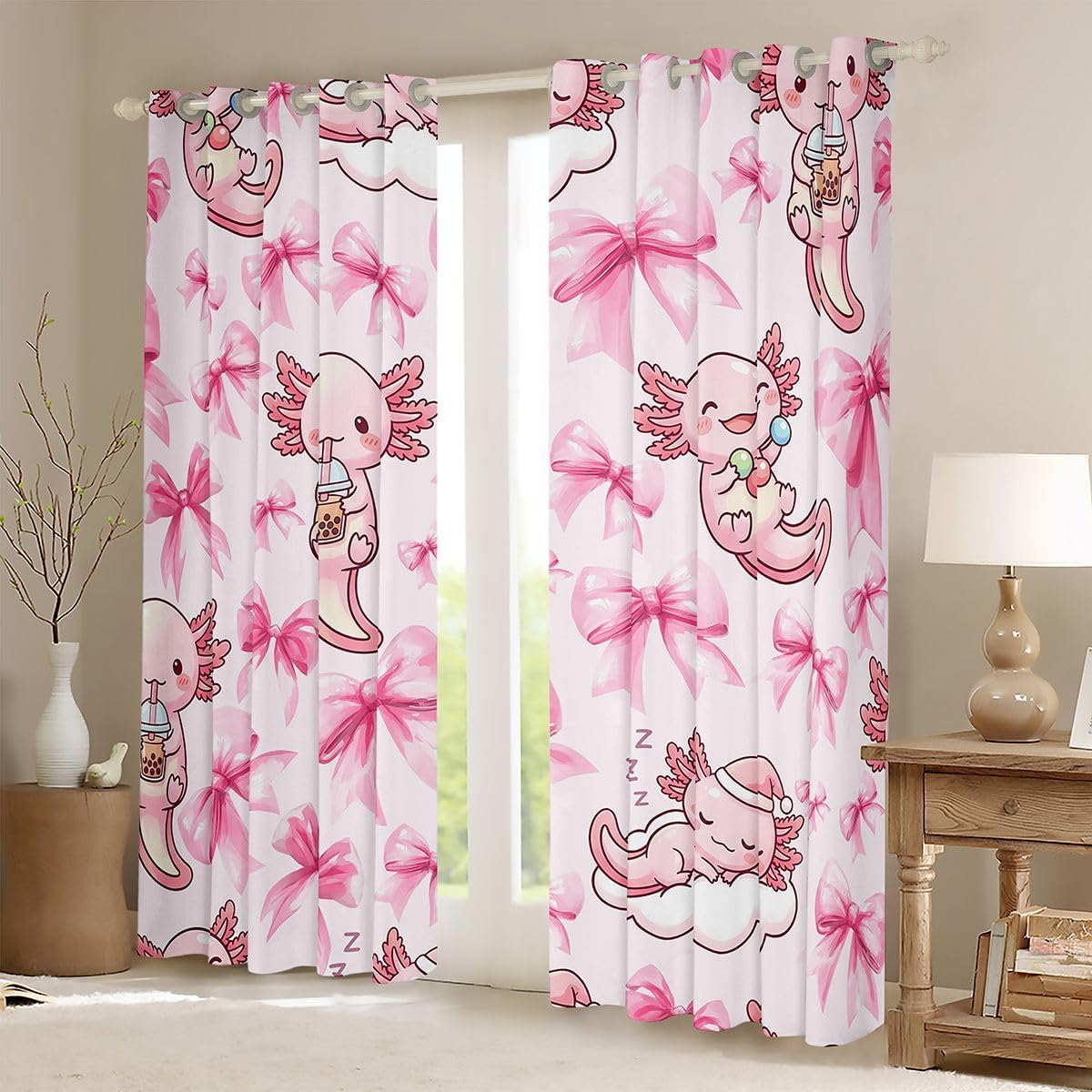 Feelyou Axolotl Blackout Curtains Ribbon Bow Darkening Drapes for Bedroom Living Room Decor Cute Kawaii Aesthetic Thermal Insulated Shades Salamander Window Treatments, 2 Panels 38 x 45 Inch image 2