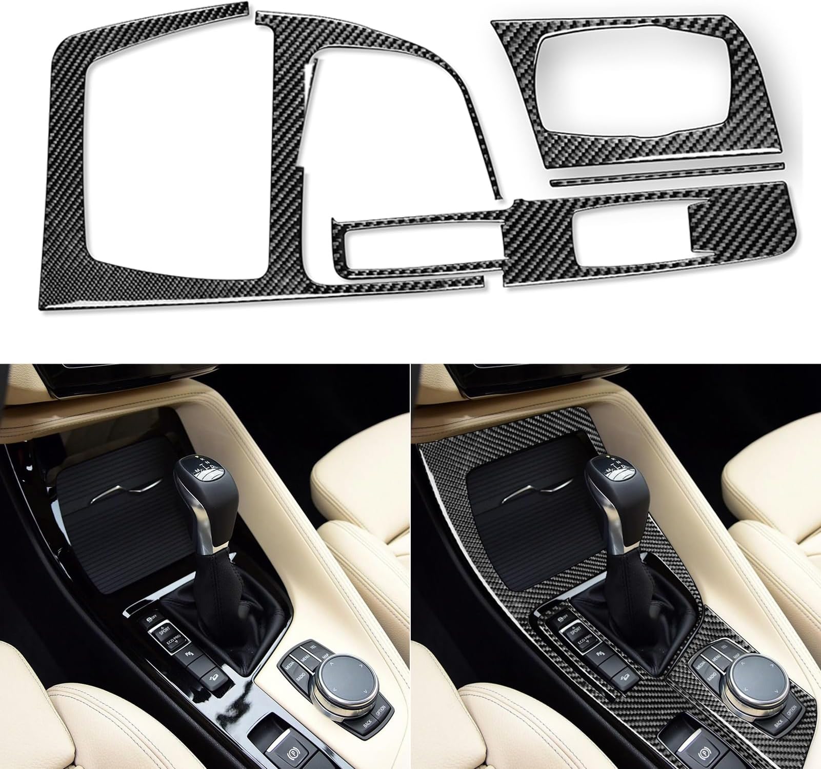 Real 3K Black Carbon Fiber Car Center Console Automatic Gear Shifter Transmission Control Panel Sticker Set Auto Interior Accessories Compatible with BMW X1 F48 F49 2016-2022/X2 F39 2018-2022