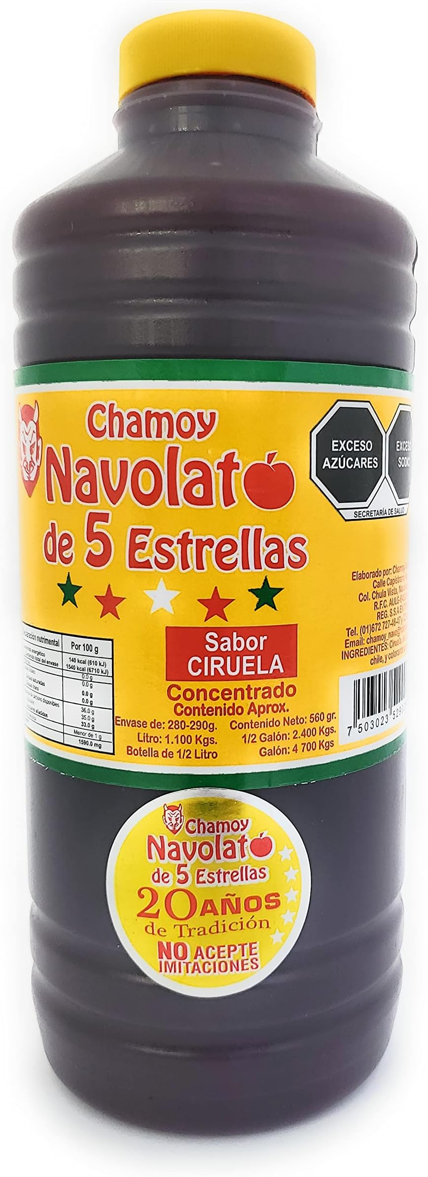 Chamoy Navolato de 5 Estrellas with Real Fruit Pulp, A Mexican Classic, Sweet, Spicy, Salty, Fruity, Snack, Michelada Sauce (1 Liter) (Ciruela)