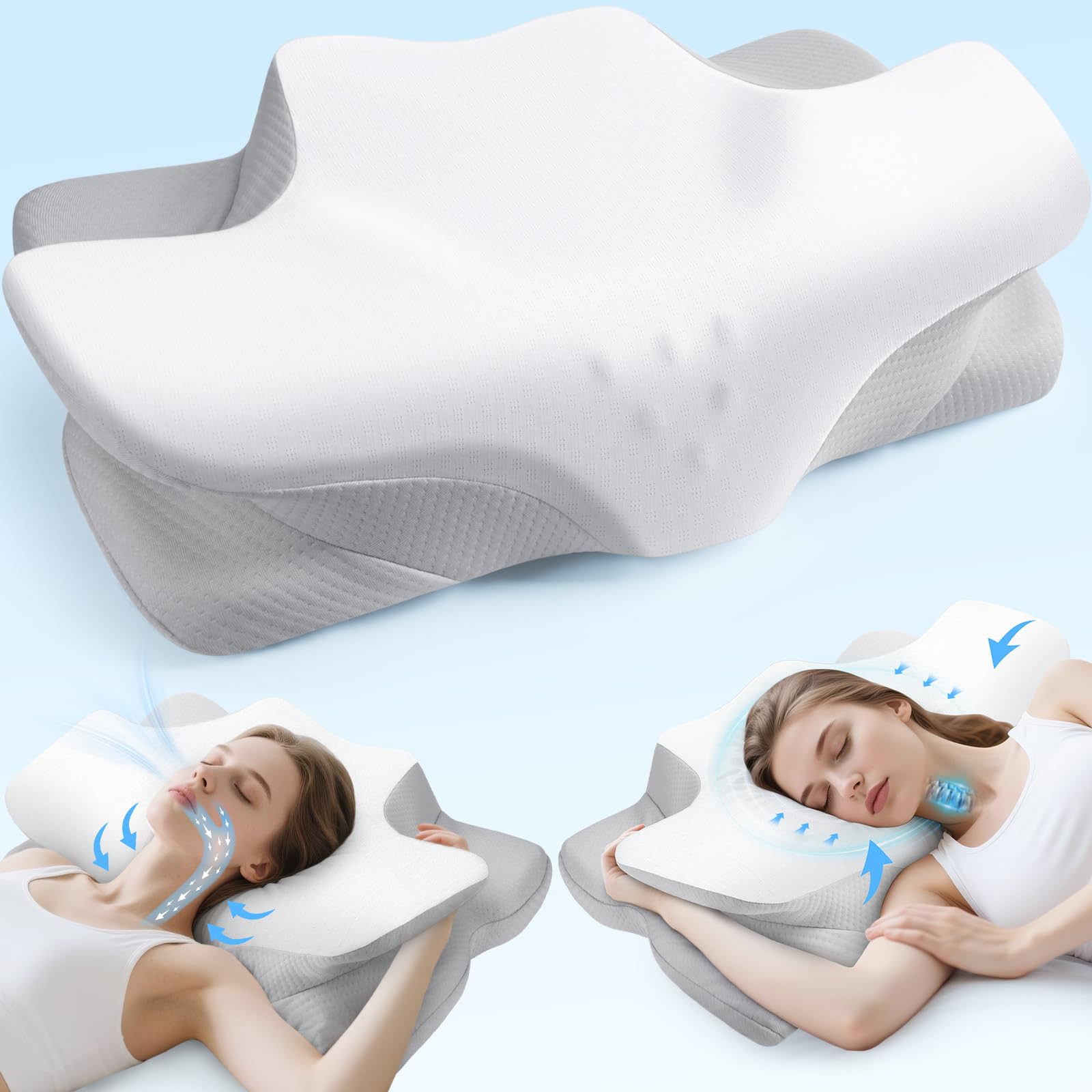 Drifina 04-White & Grey Orthopaedic Neck Support Pillow For Side Sleepers, Cervical Memory Foam Pillow For Neck & Shoulder Pain Relief, Dual-Height Ergonomic Bed Pillow, Cooling Washable Cover, 100-Night Trial，White