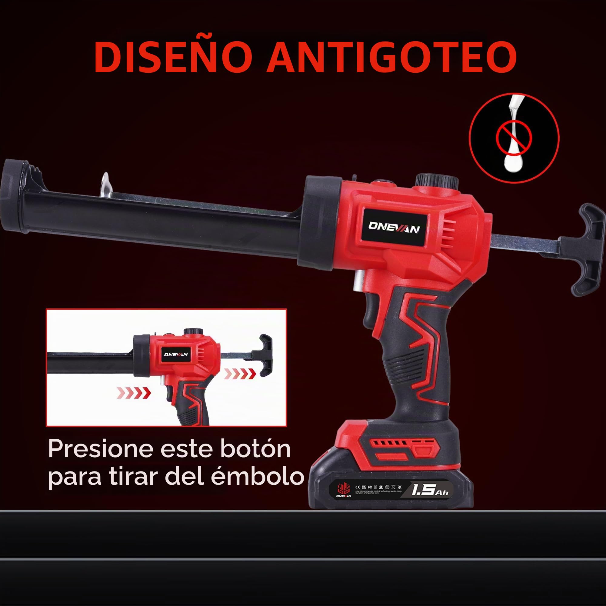 ONEVAN Pistola para Cartuchos Inalámbrica 300ml Brushless 2x1,5Ah | 300ml Capacidad, 300kg Fuerza, Velocidad variable, Cargador rápido, Luz LED brillante, Para ventanas y juntas