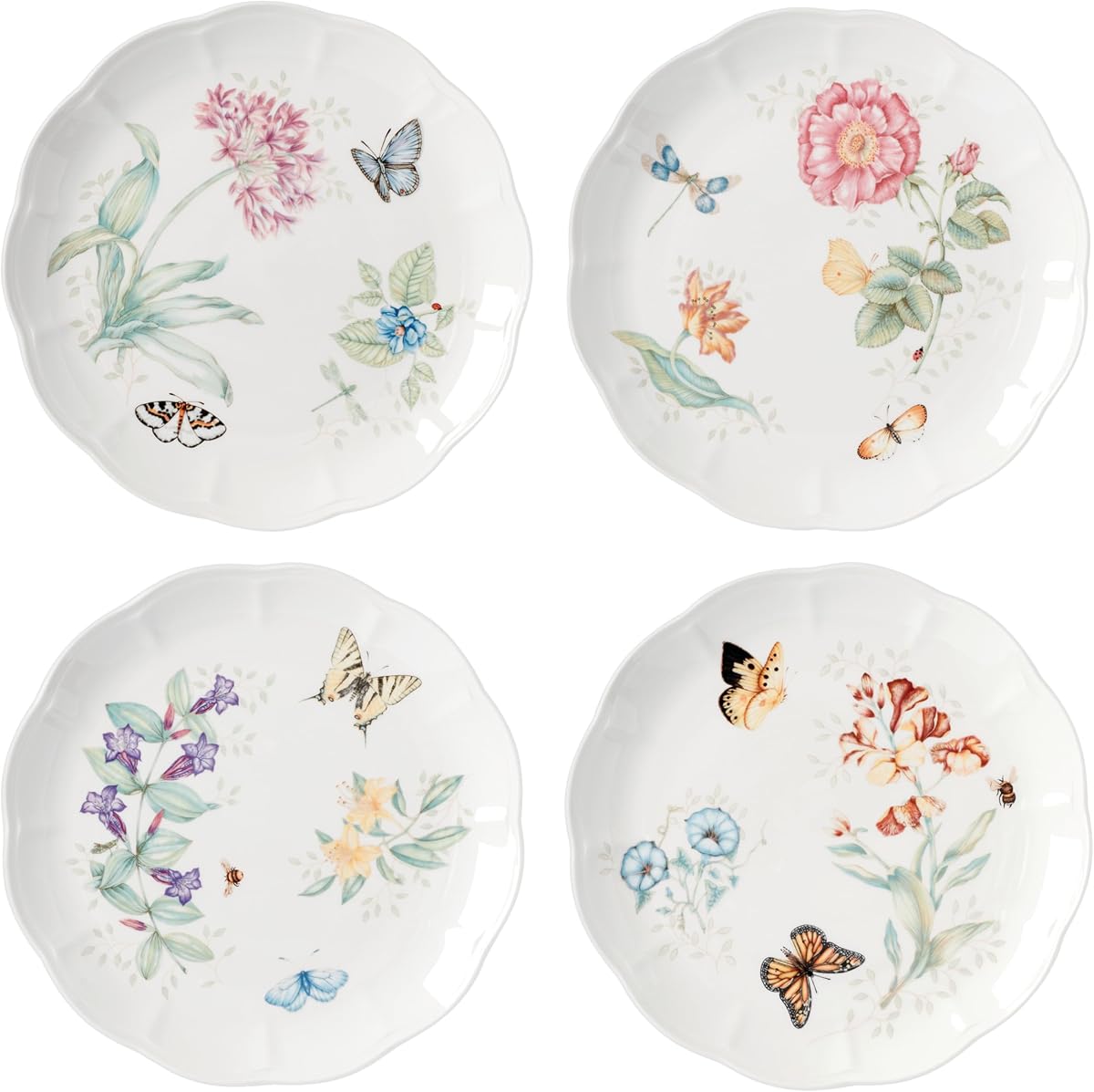 Butterfly Meadow Porcelain Dinner Plate Set for 4 | scalloped rim, microwave safe, dishwasher safe | 11 inch diameter, floral design, gift for women, decor