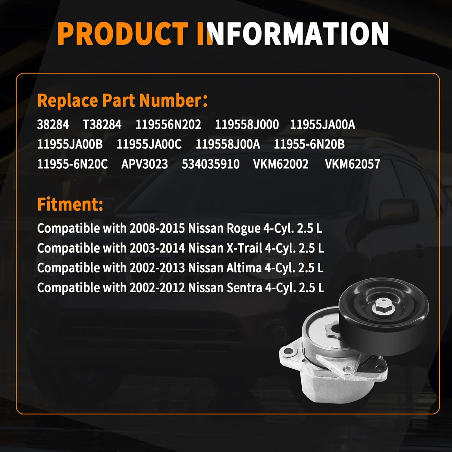 BUYMACHINERYPARTS 38284 Drive Belt Tensioner Assembly with Pulley, Compatible with 2007-2012 Nissan Altima Sentra, For 2008-2013 Rogue (For L4 2.5L,No Hybrid) Replacement for 119558J000 534035910