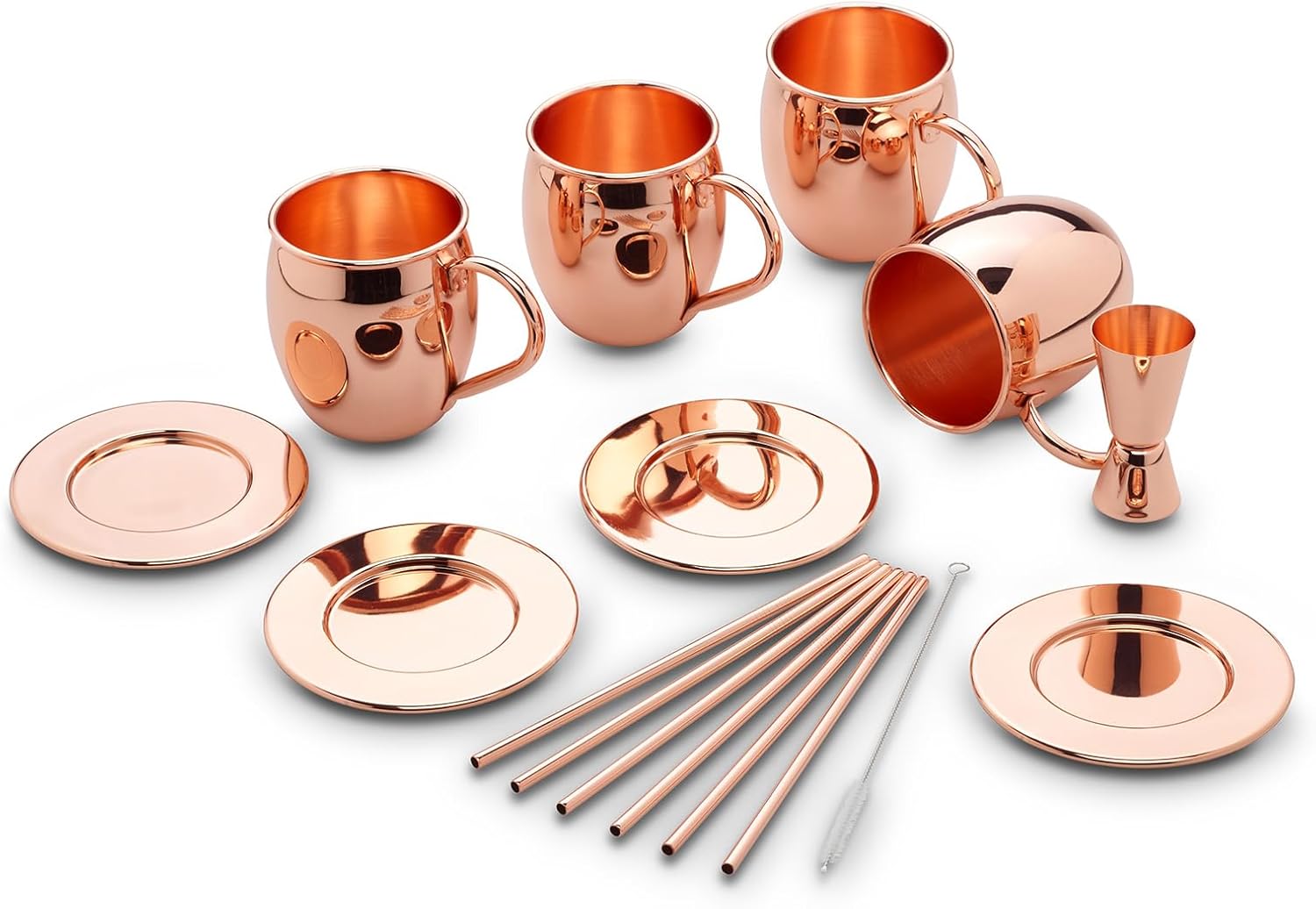 Moscow Mule Copper Cups, Set of 13, Made of Stainless Steel, consisting of 4 x Copper Cups 500 ml, 4 x Coasters, 4 x Straw and 1 x Measuring Cup 2 cl/4 cl.