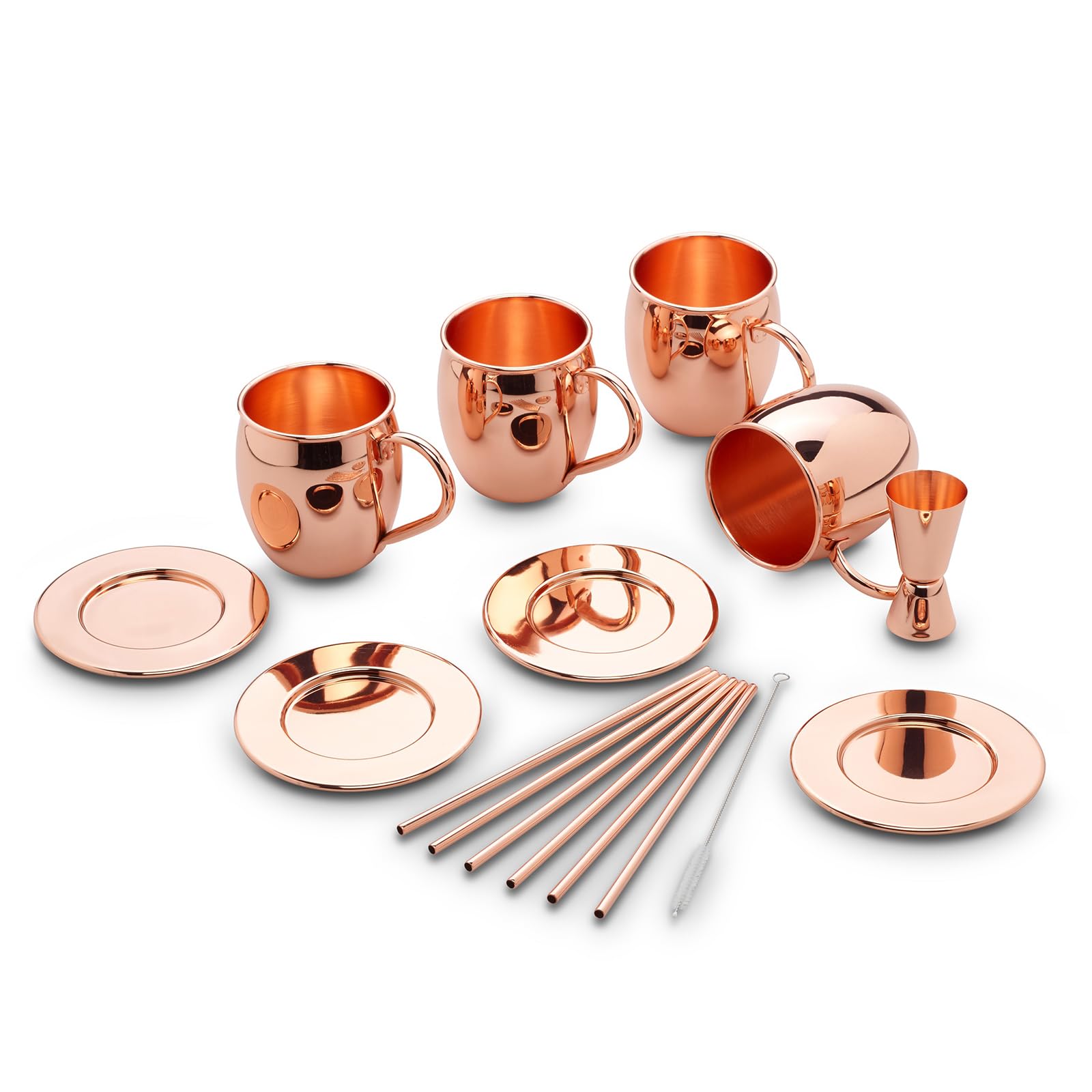 ECHTWERK Moscow Mule Set de 13 gobelets en cuivre fabriqués en acier inoxydable comprenant 4x gobelets en cuivre 500ml, 4x dessous de verre, 4x pailles et 1x gobelet doseur 2cl/4cl
