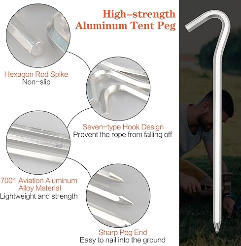 Miniatura 4 de Juego de 64 estacas de aluminio para tienda de campaña con gancho, barra hexagonal de 7 pulgadas, estacas ligeras para toldos para campamento,