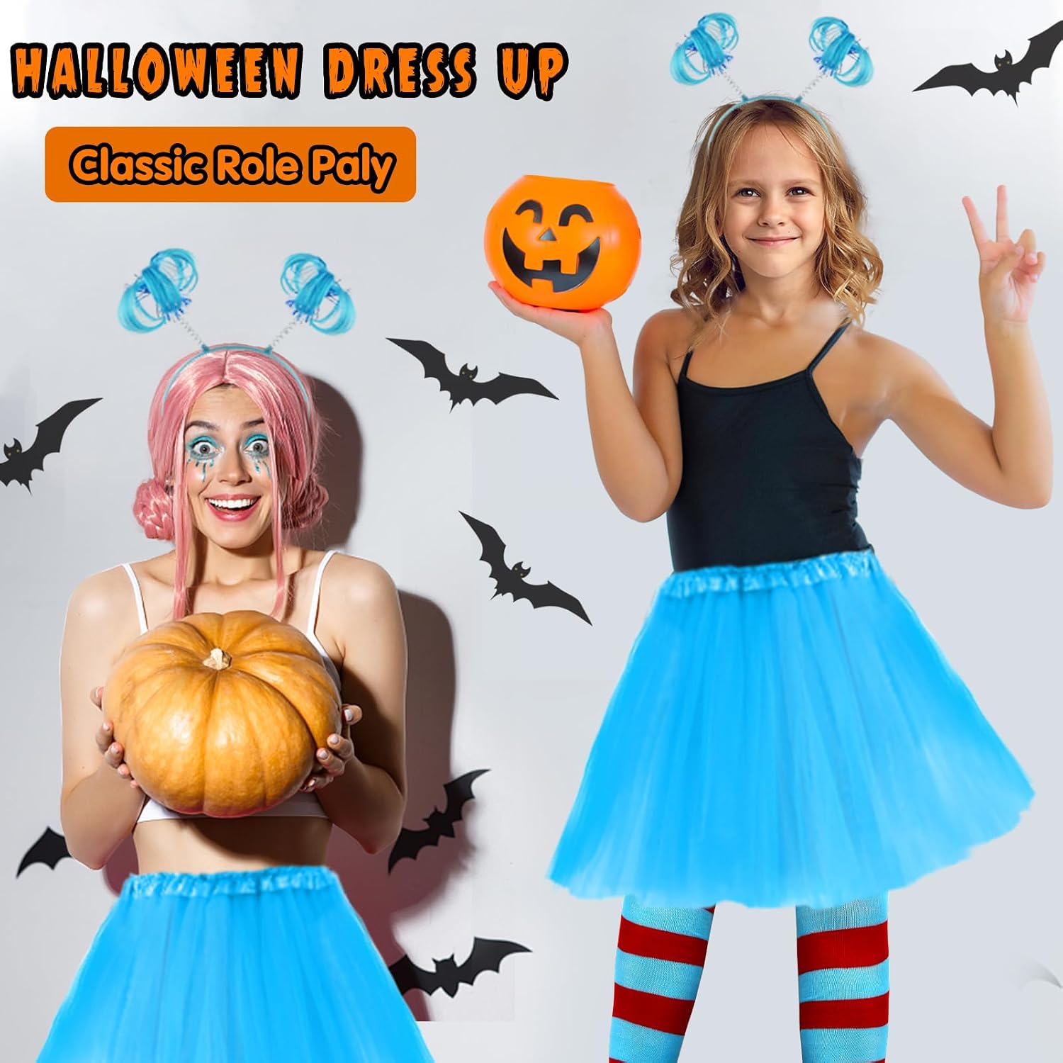 Mototo 8 PCS Tulle Tutu Costume Accessories Set, Blue 3 Layered Tulle Tutu Skirt Striped Socks Headband Gloves For Halloween