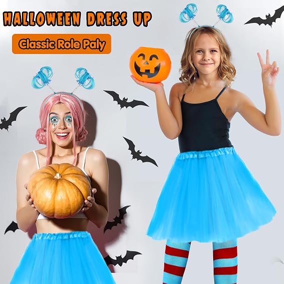 Mototo 8 PCS Tulle Tutu Costume Accessories Set, Blue 3 Layered Tulle Tutu Skirt Striped Socks Headband Gloves For Halloween
