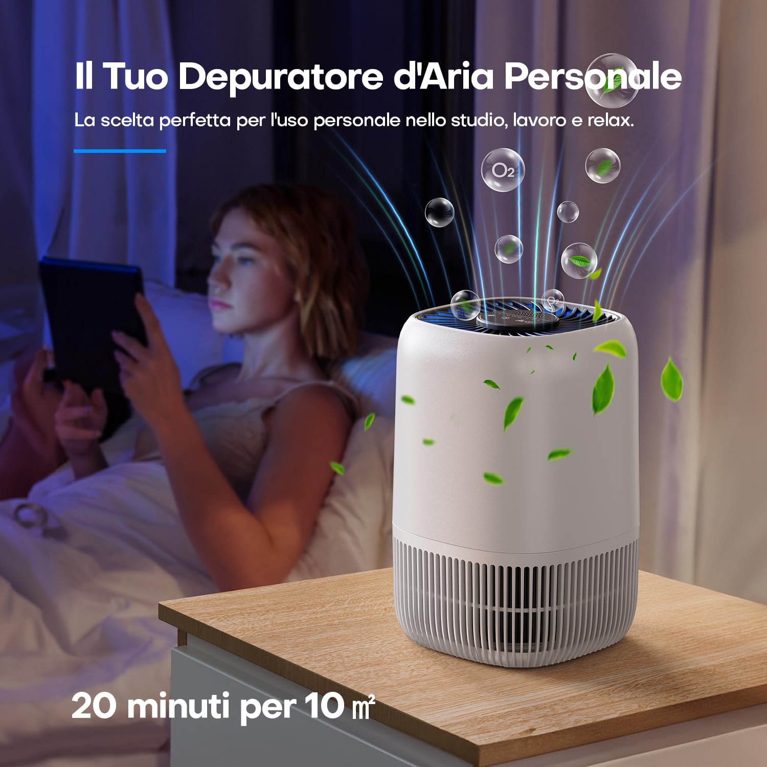 OMISOON Purificatore d'Aria Personale, Filtro HEPA H13 99,97%, Consumo Energetico Ridotto a 5W, Adatto per Stanze da 10㎡ a 15㎡, Silenzioso 22db, Elimina Efficacemente Polline e Polvere, Capelli
