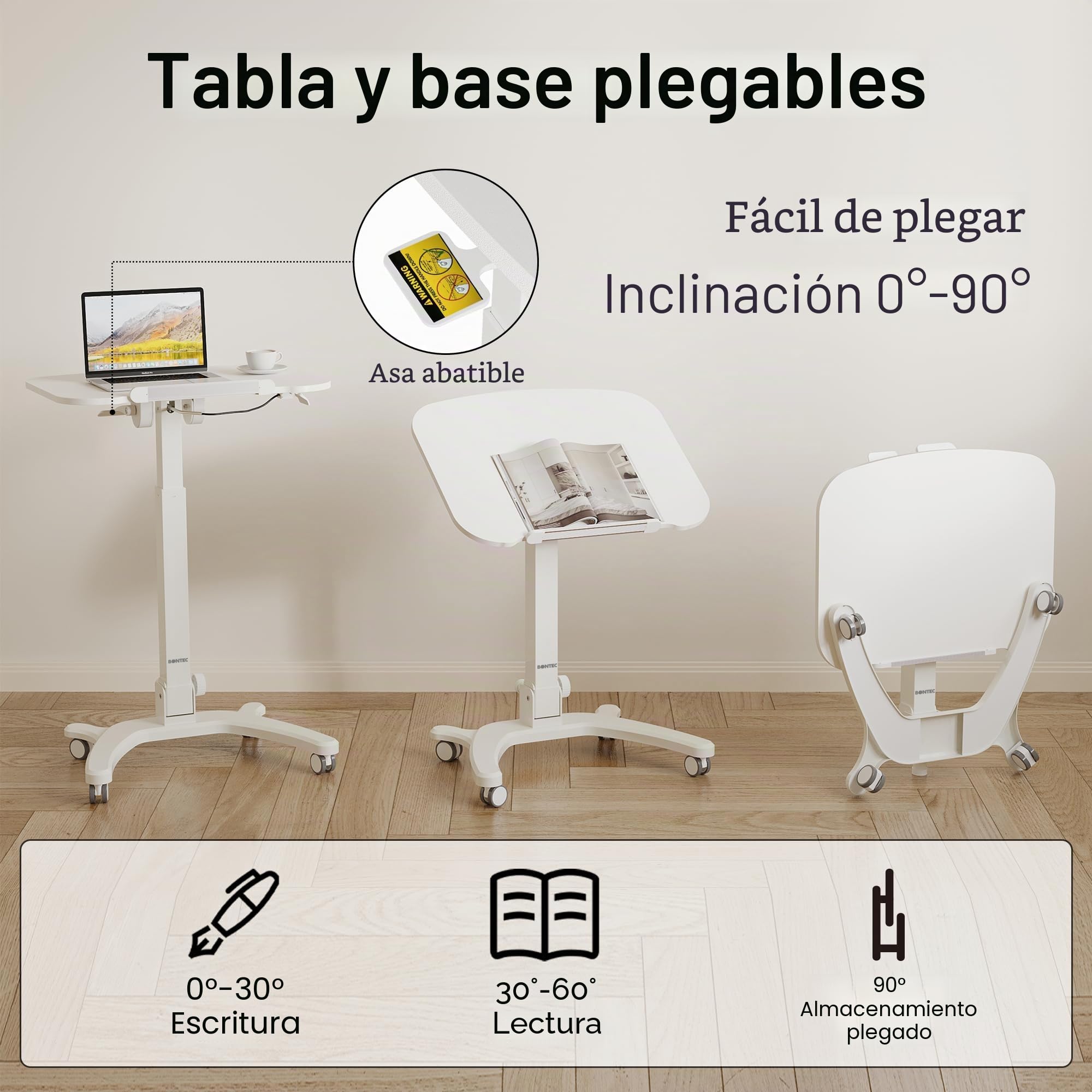 BONTEC Escritorio Plegable con Ruedas, 90° Tablero Plegable, Capacidad 12kg, Mesa Regulable en Altura, 65x50 cm, Ideal para Oficina, Dormitorio y Uso Médico, 4 Ruedas Giratorias, Blanco