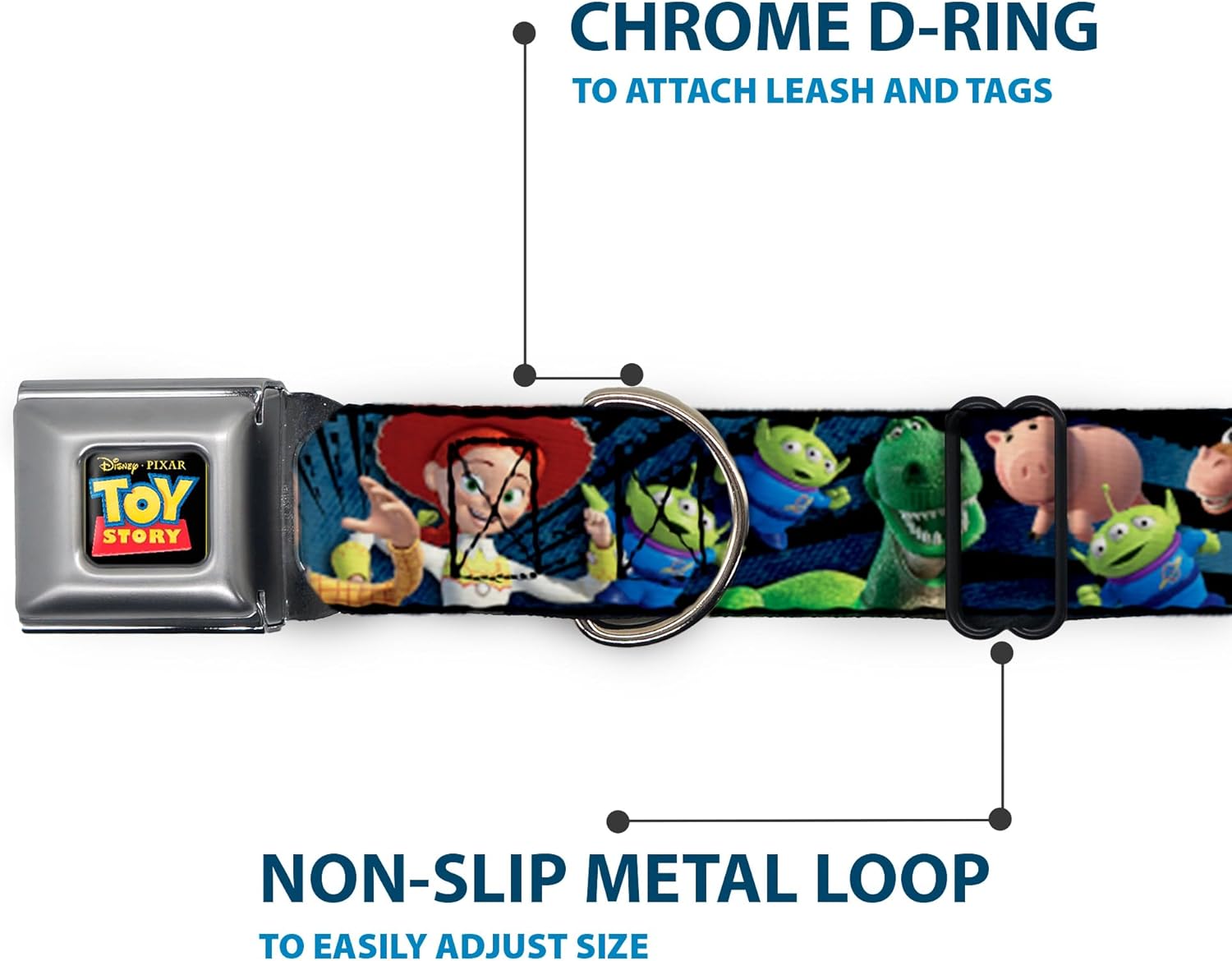 Dog Collar Seatbelt Buckle Toy Story Characters Running2 Denim Rays 15 to 26 Inches 1.0 Inch Wide