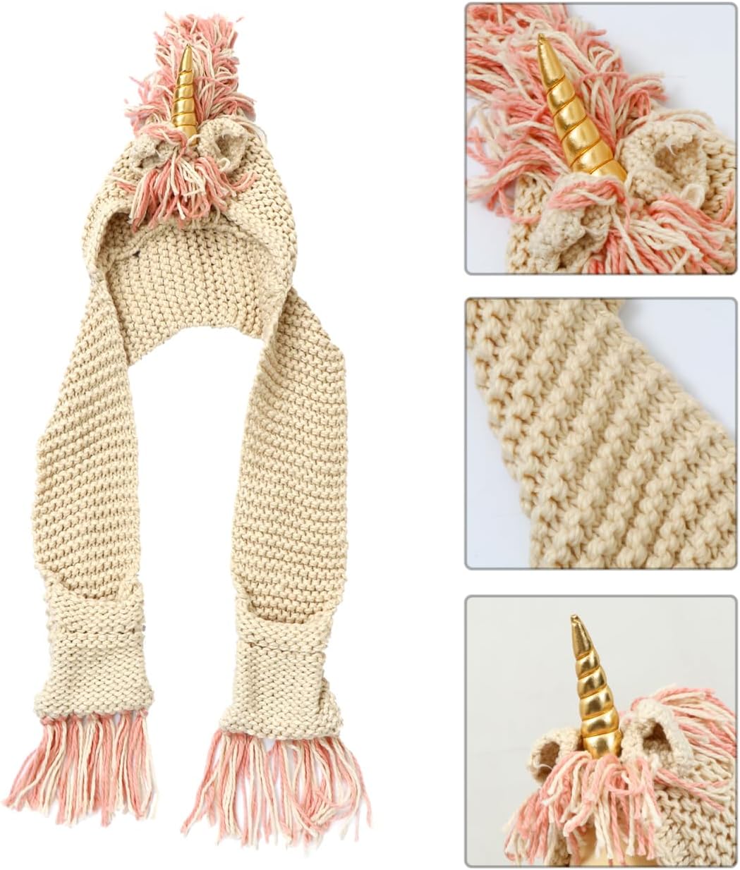 Unicorn Hooded Hat Scarf Knitted Winter Cap for Kids Warm Neck Warmer Creative Crochet Design for Cold Weather Golden