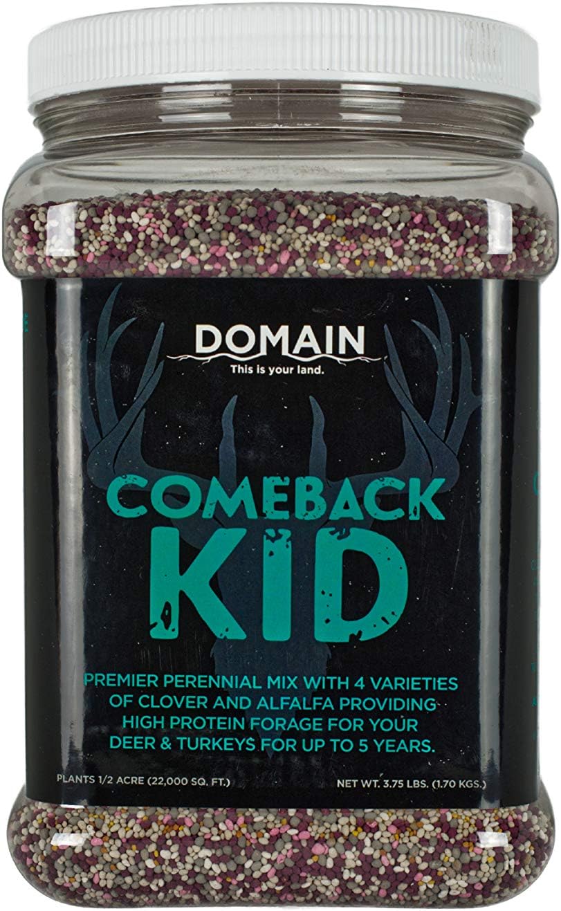 Domain Outdoor Comeback Kid Food Plot Seeds for Deer, Special Varieties of Clover & Alfalfa, Great to Plant in Spring, High Protein Forage, Year-Round Attraction, Lasts up to 5 Years, 1/2 Acre