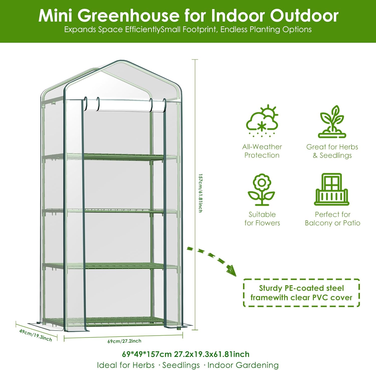 4 Tier Mini Greenhouse, 27 x 19 x 62 Inch Portable Green House with PVC Cover and Steel Frame for Indoor Outdoor Plants, Seedlings, Herbs, Vegetables
