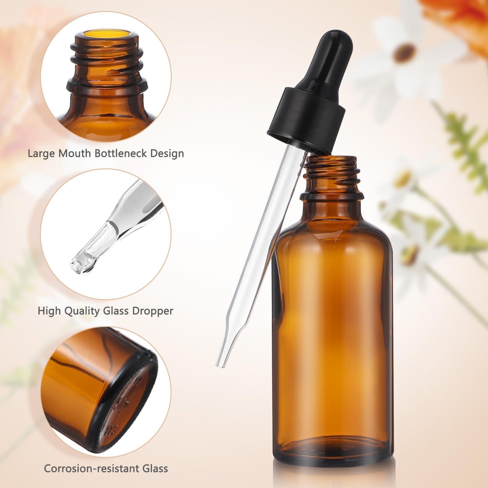 Lurrose 12 flaconi contagocce in vetro ambrato da 50 ml, vuoti, ricaricabili, per aromaterapia, cosmetici, vasetti con tappi neri, ideali per profumi, cosmetici e laboratori (marrone)