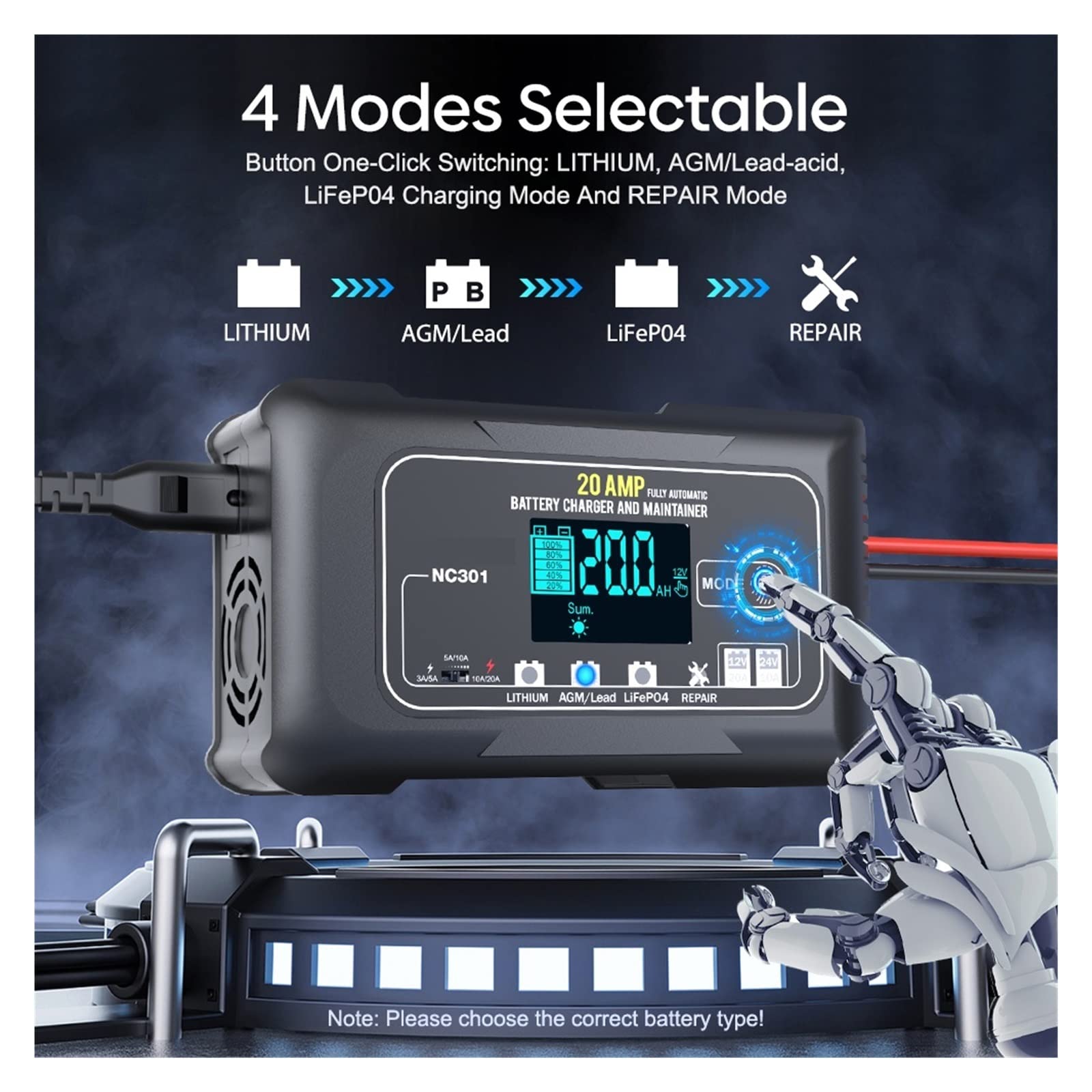 Caricabatterie intelligente di mantenimento 20A Caricabatteria per auto 12V e 24V Caricabatteria intelligente completamente automatico per batterie al piombo acido al litio LiFePO4 per auto, camion,