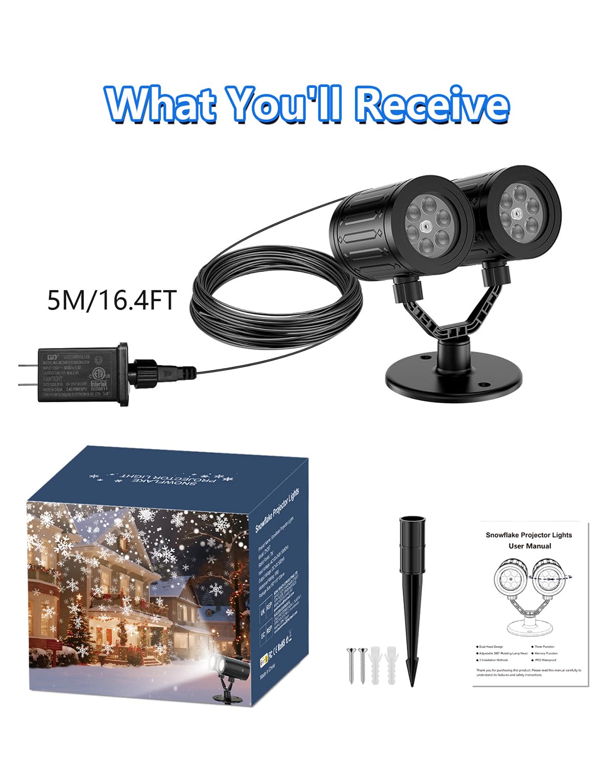 Weihnachtsprojektor Lichter Außen, 2025 Upgraded Doppelkopf Schneeflocke, 360° Drehbar, IP65 Wasserdicht, Timer-Funktion - Urlaub, Party, Weihnachtsdekorationen & Geschenke für Hof, Garten, Innen