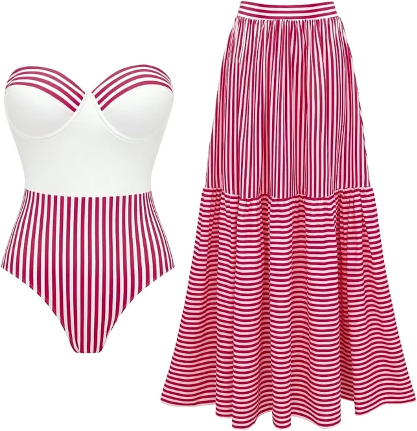 FLAXMAKER Women's Retro One Piece Bandeau Striped Bathing Suit with Adjustable Strap Swimsuit and Skirt