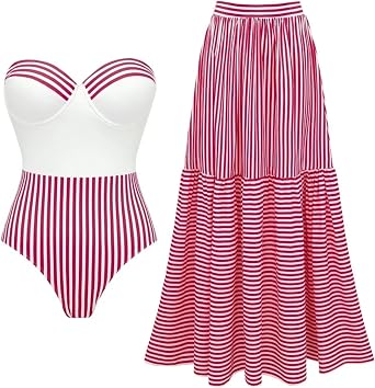 FLAXMAKER Womens Retro One Piece Bandeau Striped Bathing Suit with Adjustable Strap Swimsuit and Skirt