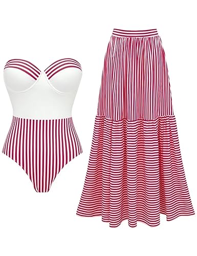 FLAXMAKER Women's Retro One Piece Bandeau Striped Bathing Suit with