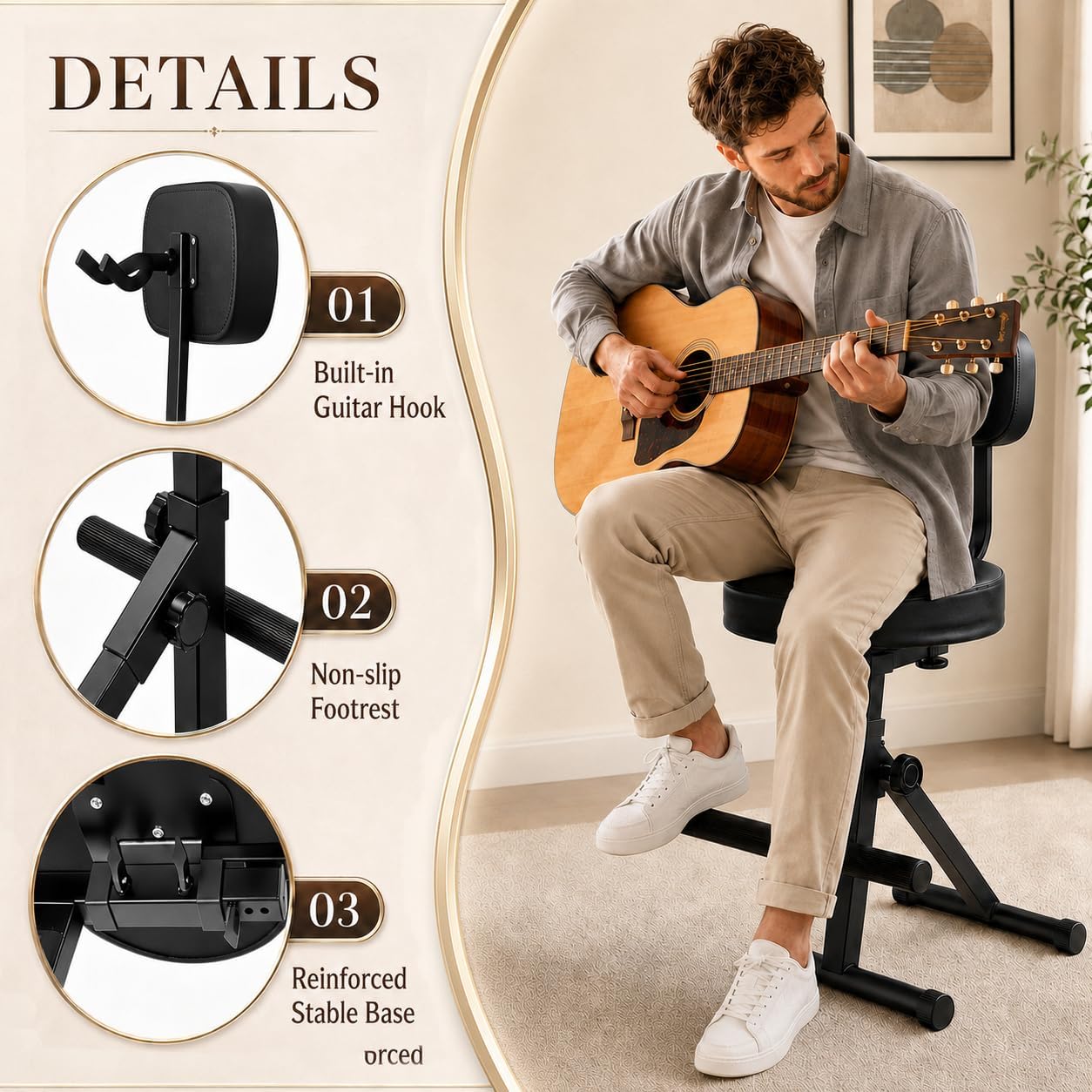 Height-Adjustable Guitar Stool with Backrest & Footrest, Black