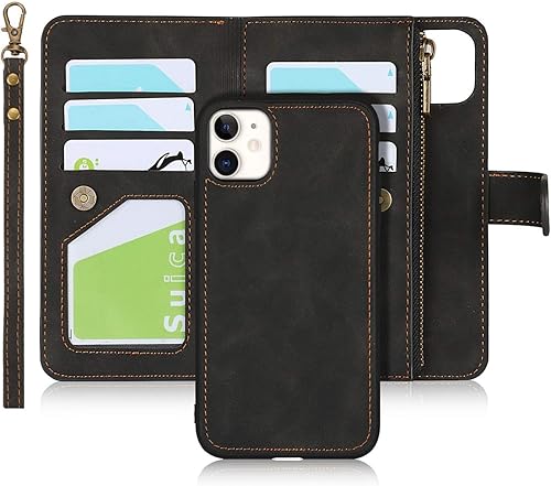 iCoverCase Funda tipo cartera para iPhone 11 con tarjetero y correa para la muñeca, de piel sintética, ranuras para tarjetas, bolsillo con
