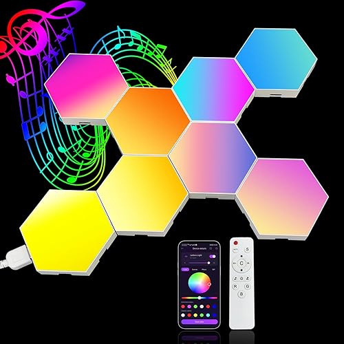 Paquete de 8 luces hexagonales para LED de pared, que se sincronizan con música, aplicación y controles remotos, luces hexagonales, paneles de pared