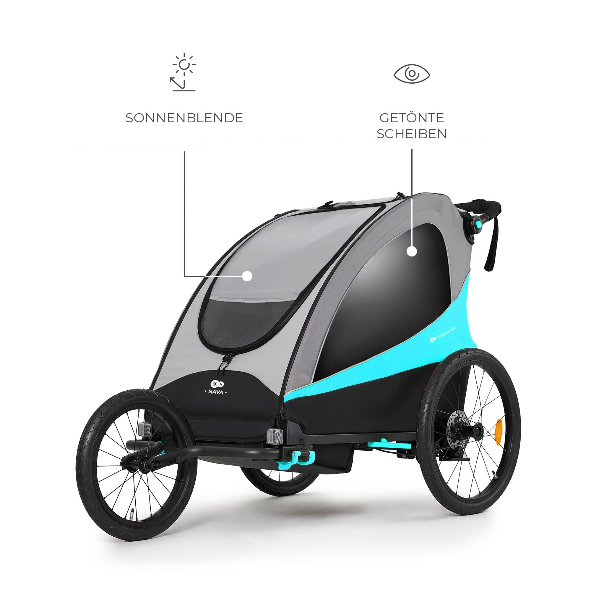 Kinderkraft NAVA 3in1 Kinderwagen Laufwagen Fahrradanhänger für zwei Kinder bis 44 kg Aluminiumrahmen Blau