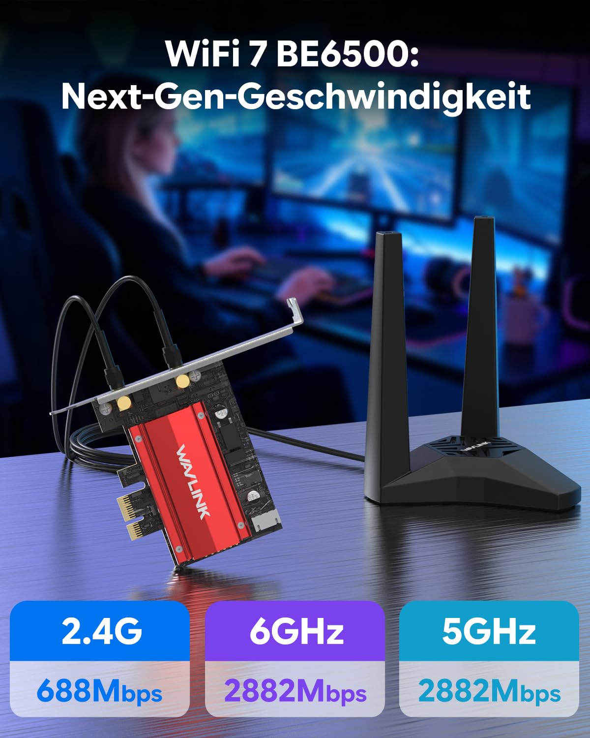 WAVLINK BE6500 Wi-Fi 7 WLAN Karte mit Antennenverlängerung,Bluetooth 5.4