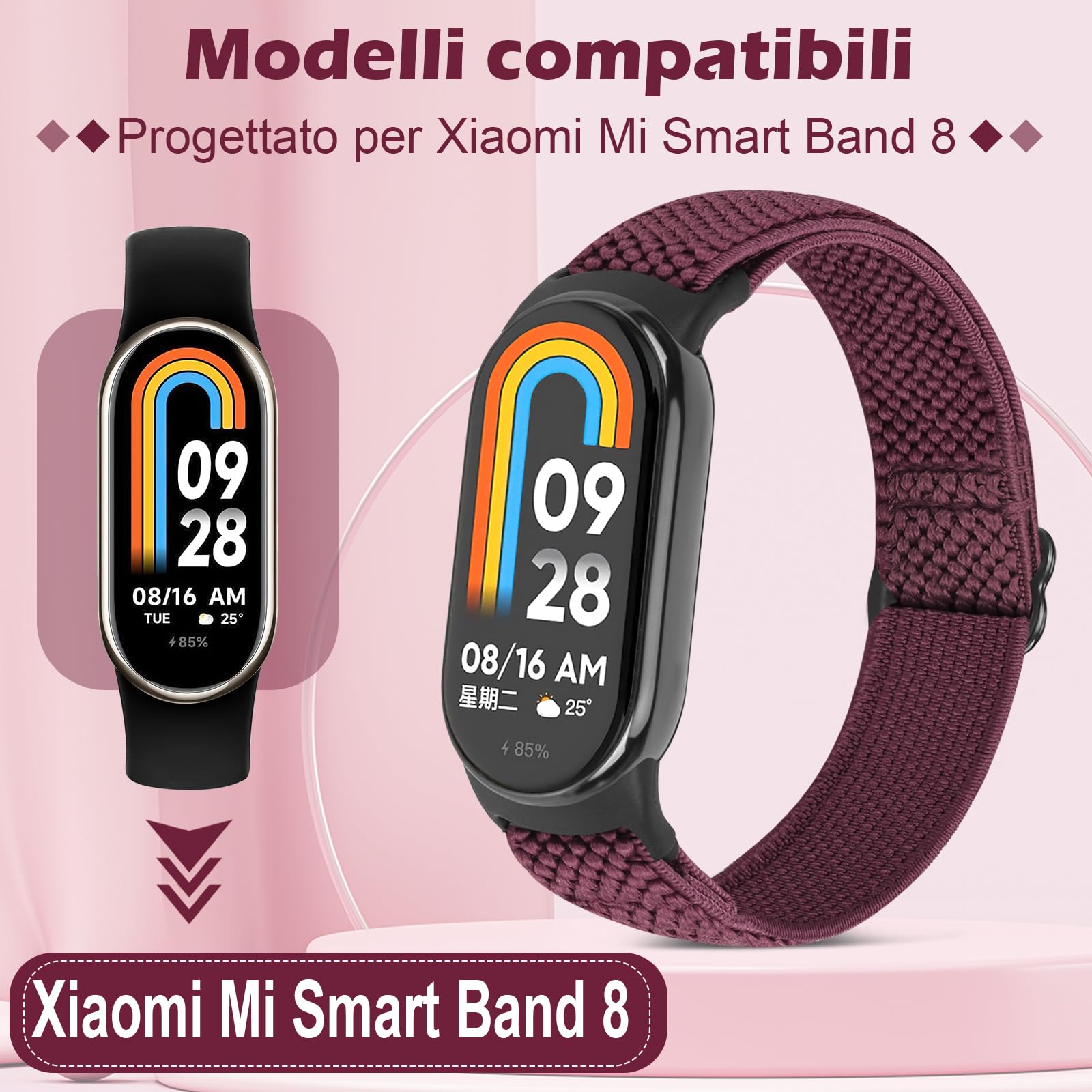 SHIJZWD 2 Pezzi Cinturino Compatibile con Xiaomi Mi Band 8 per Donna Uomo, Cinturino Sportivo Elastico Nylon Solo Loop Bracciale di Ricambio per Xiaomi Mi Smart Band 8
