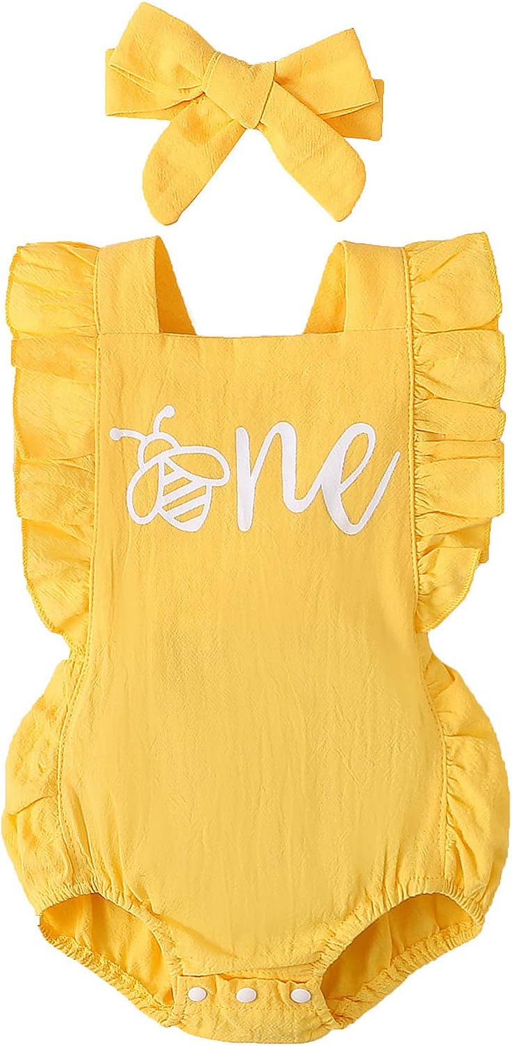 Shalofer Baby Girl First Birthday Outfit 1st Birthday Bodysuit with Headband