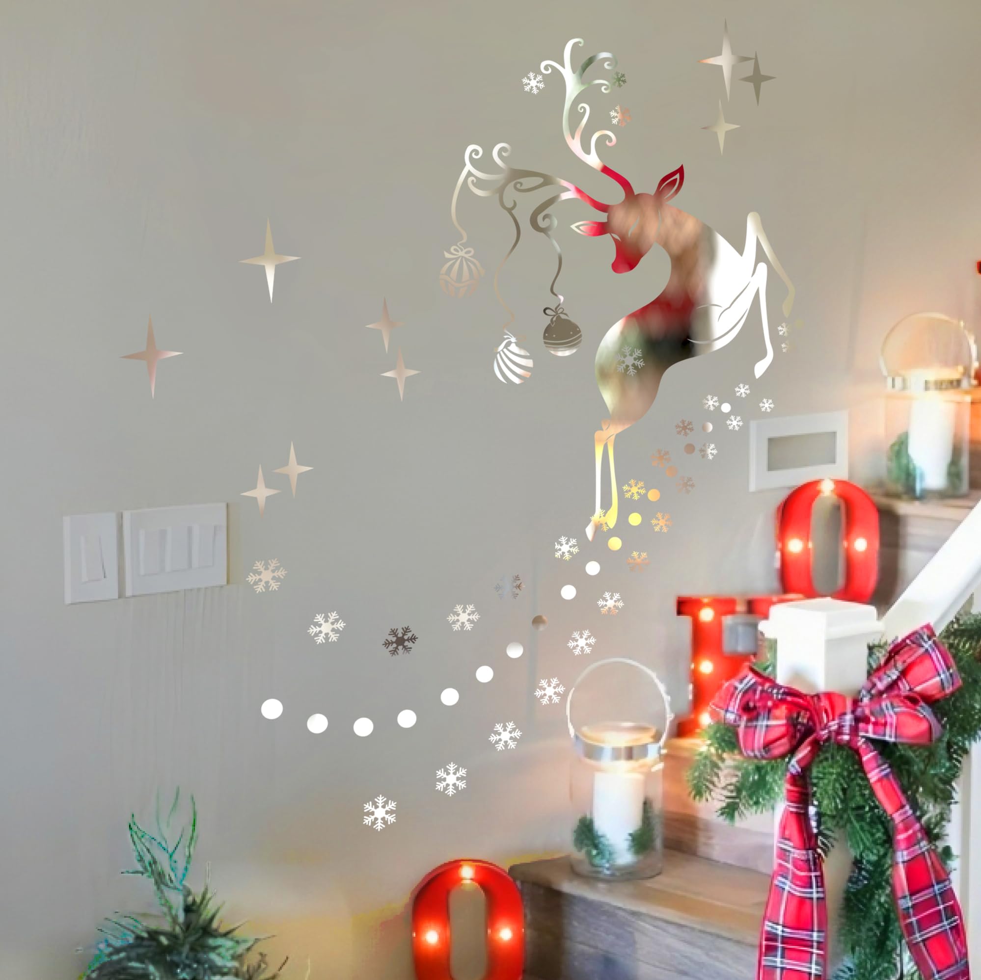 Durable Vinyl Christmas Wall Stickers, Double Sided Santa Reindeer Snowflake Decorations, Removable 55x80cm Rudolf Xmas Window Decals for Home Office Shop Party Décor, for 1.5-2M Wall, Chrome