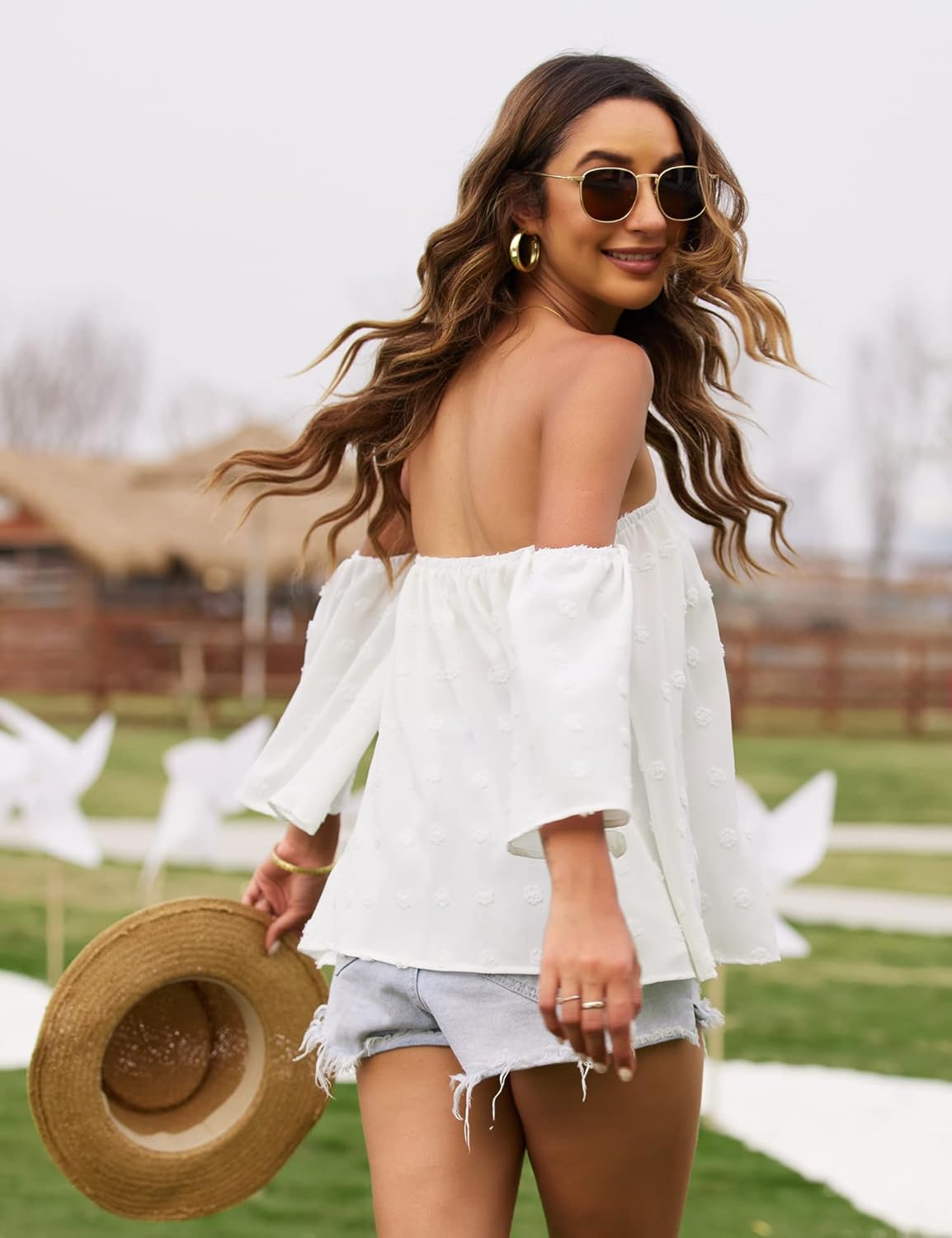 Bluetime Women Summer Off Shoulder Chiffon Blouse Ruffles Short Sleeves Tops Casual T Shirt - Image 4