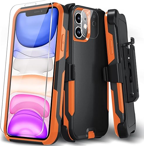 Xmon Funda para iPhone 11, resistente y resistente con clip para cinturón, a prueba de golpes, protector de pantalla de vidrio templado + protector